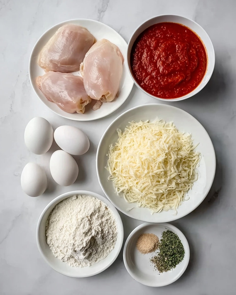 The image shows several cooking ingredients arranged neatly on a white marbled surface. There is a white plate with three raw chicken pieces positioned side by side. Near the plate, there are three whole white eggs grouped together. A round white bowl filled with red tomato sauce is present, along with another white bowl containing shredded cheese that is pale yellow and fluffy. There is also a white bowl with a small amount of flour and another round shallow white bowl holding three dry ingredients: finely grated cheese, green herbs, and a light brown powder all placed side by side within the bowl. The image is clean and well-lit, with a simple layout. photo taken with an iphone --ar 4:5 --v 7