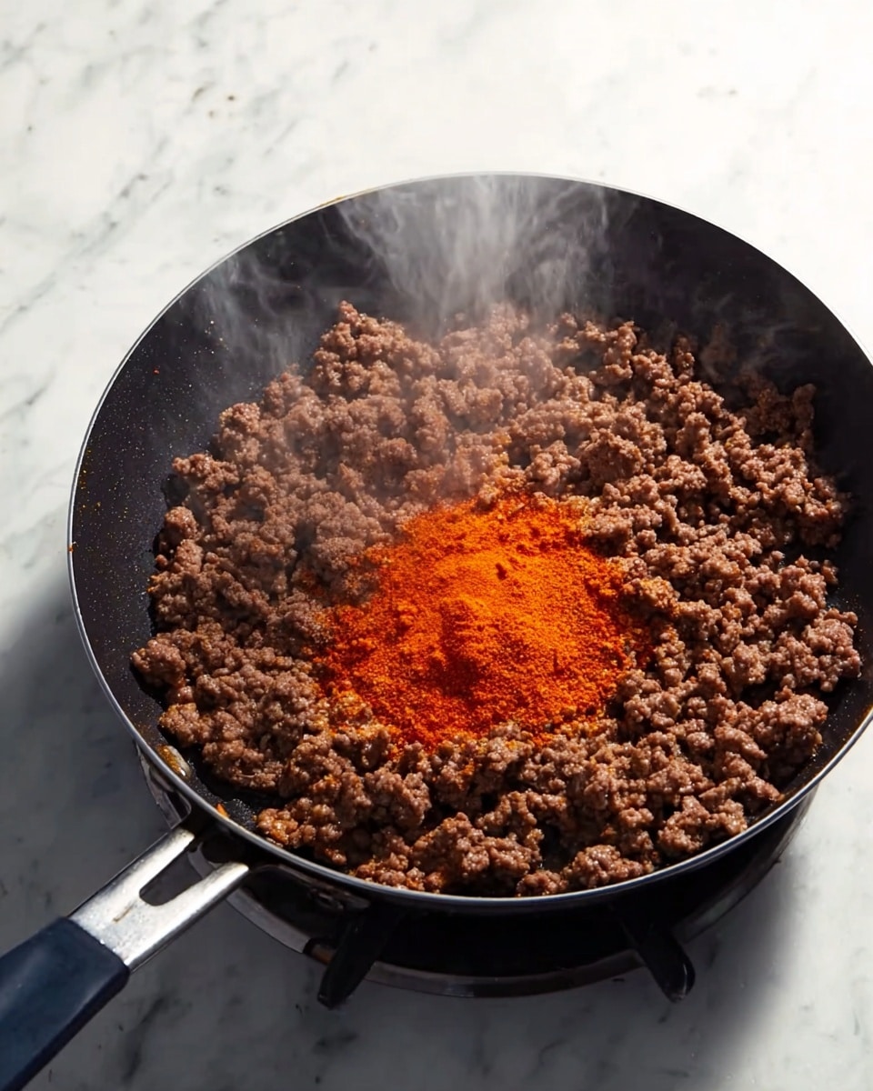 A black frying pan filled with cooked ground beef that is brown and crumbly in texture, covering the entire pan surface evenly; in the center, there is a pile of bright orange-red powdered spices resting on top of the meat, steam rising slightly from the pan; the pan sits on a stove, all placed on a white marbled surface. photo taken with an iphone --ar 4:5 --v 7