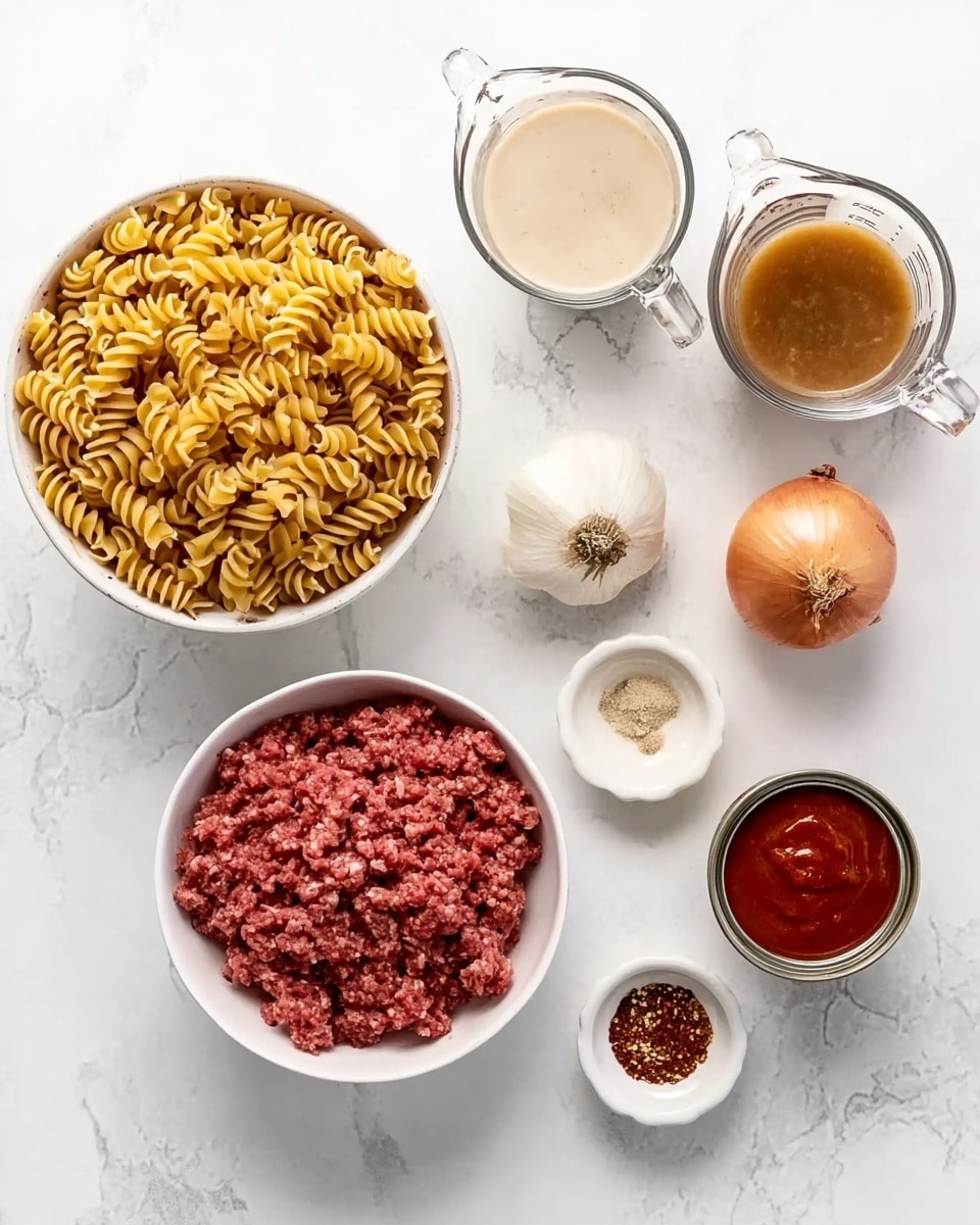 The image shows ingredients arranged on a white marbled surface. There is a large white bowl filled with dried spiral pasta at the bottom left. Above it is a medium white bowl holding raw ground meat. Two clear glass measuring cups are placed to the right of the bowls, one filled with a light cream-colored liquid and the other with a brown broth. To the right side of the image, there is a whole onion, two cloves of garlic, and two small white dishes with red pepper flakes and ground black pepper. A can of tomato paste with a small amount scooped out sits beside a small glass container filled with a thick red sauce near the bottom right corner. The arrangement is neat and spaced out, with no utensils or hands in the scene. photo taken with an iphone --ar 4:5 --v 7