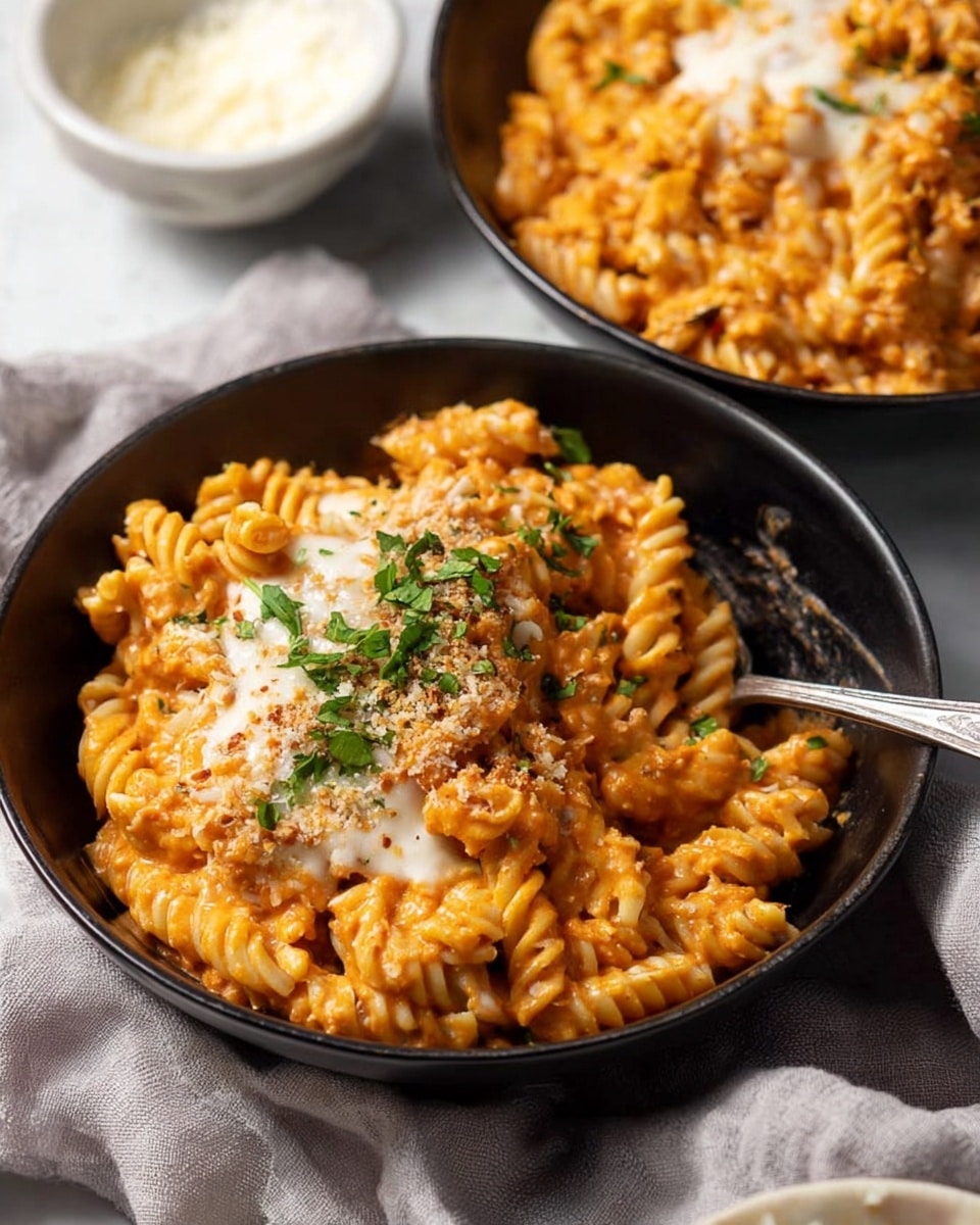 Two black bowls hold creamy rotini pasta covered with a thick orange sauce mixed with small bits of ingredients. Each bowl has a layer of white melted cheese peeking through the pasta. On top, there is a sprinkle of light brown crumbs and small bright green parsley leaves. A silver spoon is placed inside the pasta in the bottom bowl. The bowls are set on soft grey fabric and a white marbled surface with a white bowl of grated cheese nearby. Photo taken with an iphone --ar 4:5 --v 7