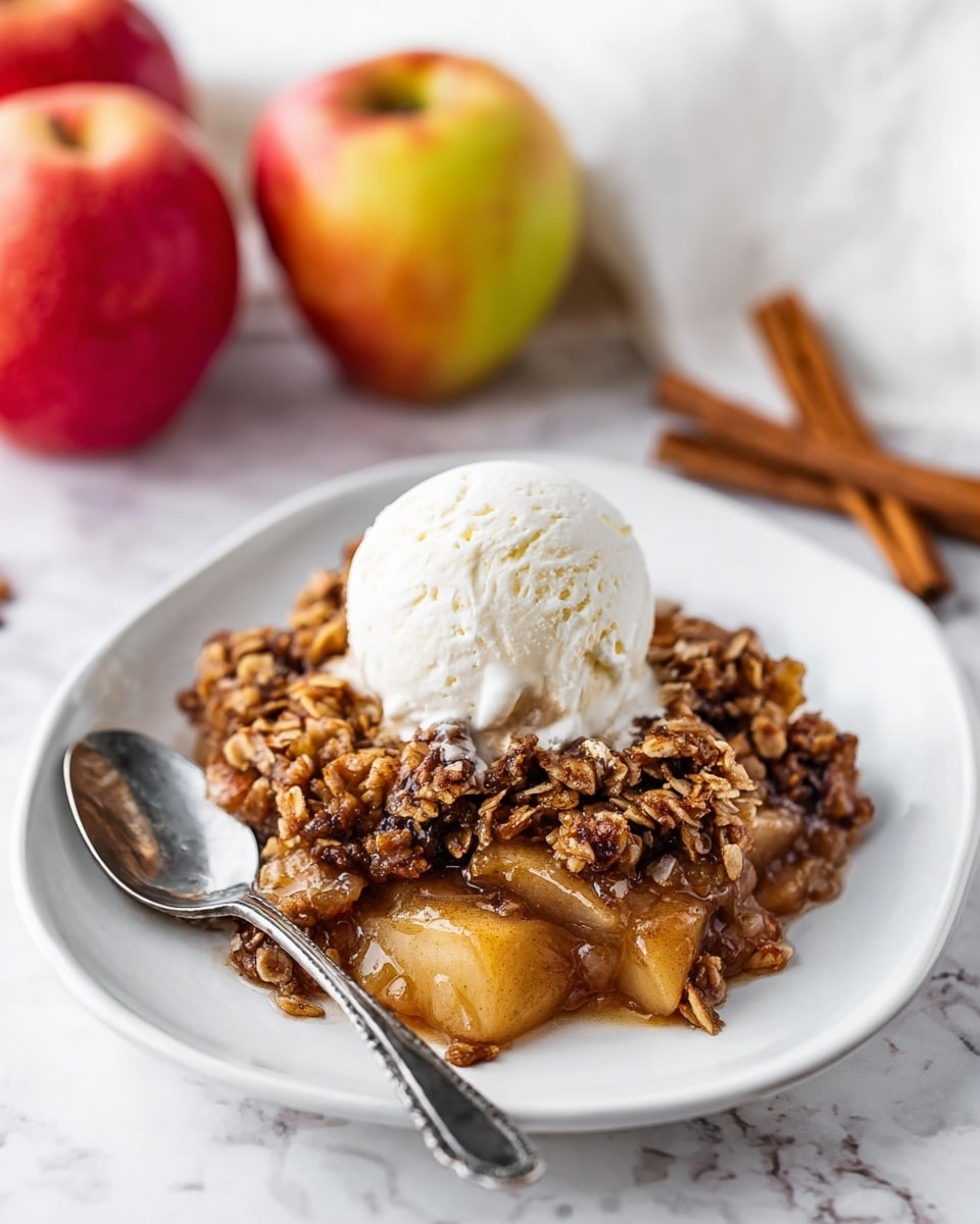 A white plate holds a serving of apple crisp with three layers: the bottom layer has soft, golden-brown cooked apple slices, the middle layer is a dark brown crunchy oat and nut topping, and the top layer is a smooth, slightly melting scoop of creamy white vanilla ice cream. A silver fork and spoon rest on the left side of the plate. The plate sits on a white marbled surface with two whole red and yellow apples and two cinnamon sticks nearby in the soft-focused background. Photo taken with an iphone --ar 4:5 --v 7