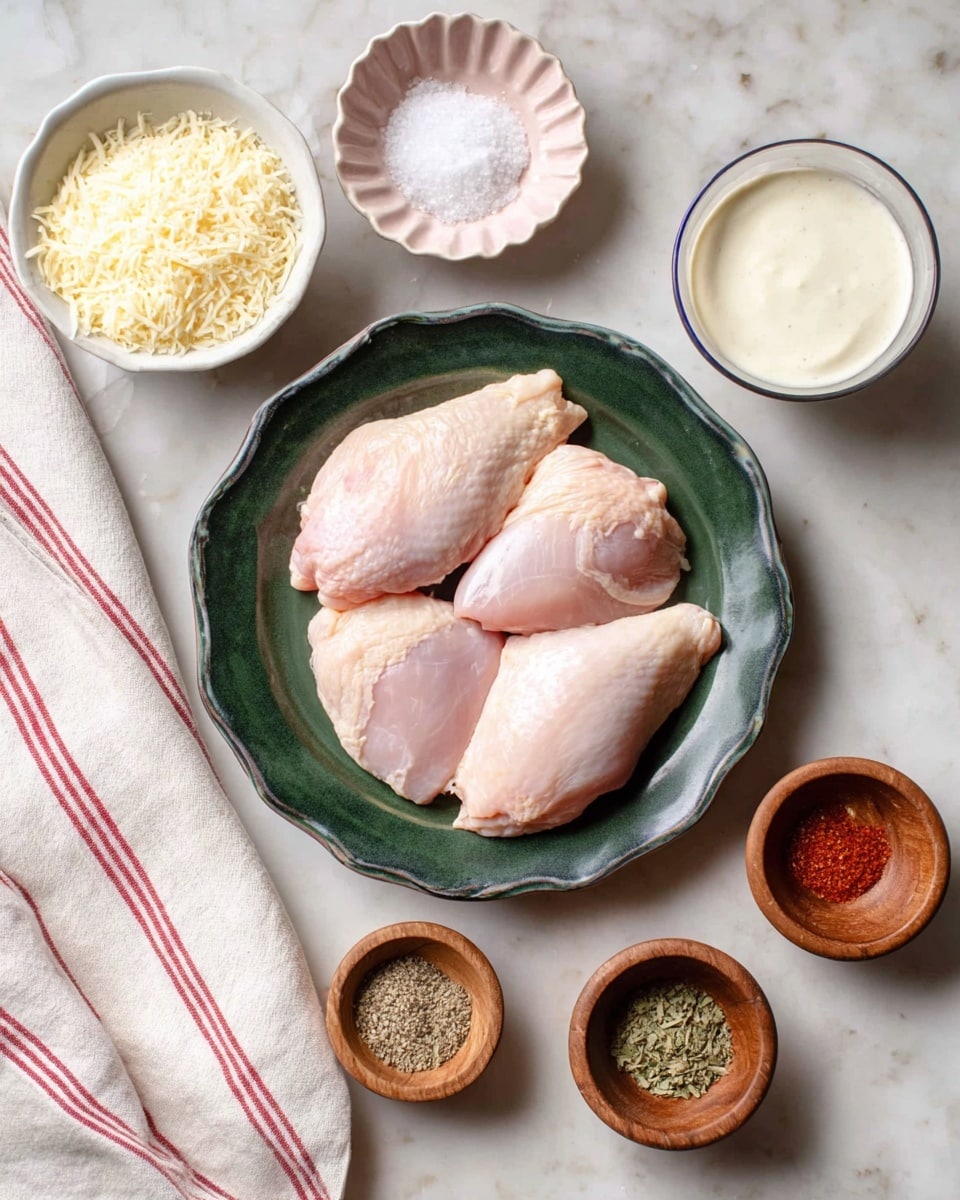 The image shows four raw light pink chicken pieces placed on a single-layer dark green scalloped ceramic plate, centered on a white marbled surface. Surrounding the plate are seven small bowls arranged in a loose circle: a white bowl with grated pale yellow cheese in the bottom left, a light pink scalloped bowl with white salt and coarse black pepper mix in the top left, a white bowl with white creamy sauce and another white bowl with a thicker cream-colored sauce at the top right. At the bottom right, three small round light brown wooden bowls hold ground red spice, light beige powder, and green dried herbs. A white cloth with red stripes lies partially visible on the left side. Photo taken with an iphone --ar 4:5 --v 7