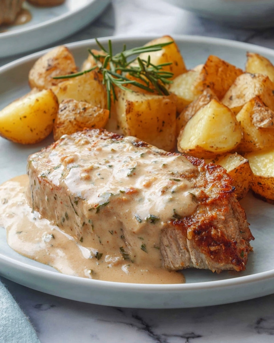 A large piece of cooked meat covered with a creamy light brown sauce sits in the front on a white plate. The sauce looks smooth with small bits of herbs. Behind it, there are several chunks of roasted potatoes with a golden brown outside and soft pale yellow inside, some with sprigs of rosemary on top. The plate rests on a white marbled surface. Photo taken with an iphone --ar 4:5 --v 7