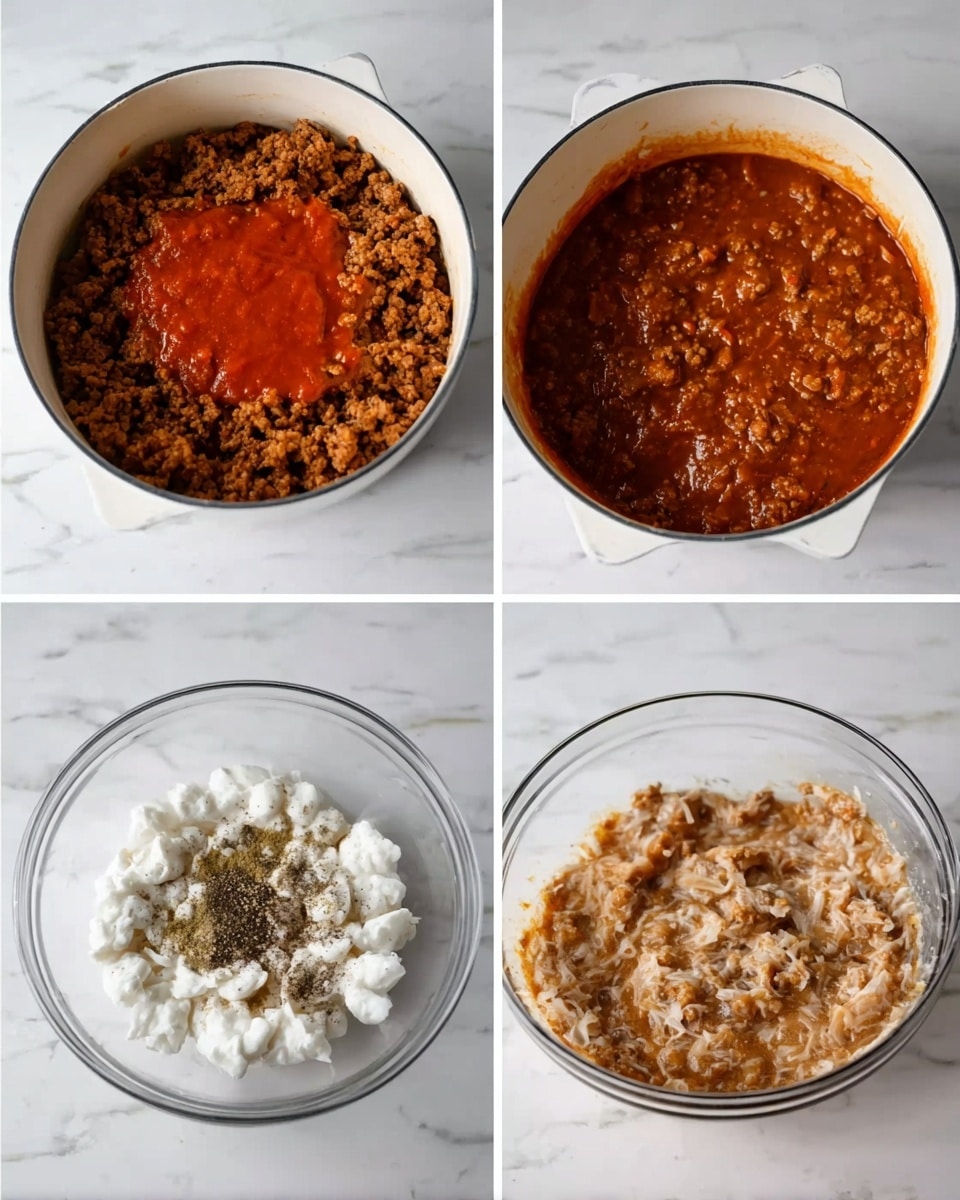 The image shows four photos arranged in a square grid on a white marbled surface. The top-left photo has a white pot filled halfway with browned ground meat topped with a bright red sauce poured on one side; the texture of the meat is crumbly and moist, and the sauce looks smooth and glossy. The top-right photo shows the same pot where the meat and red sauce are mixed evenly, creating a thick, rich brownish-red sauce with small meat pieces throughout. The bottom-left photo features a clear glass bowl with white creamy ingredients mixed with small mounds of beige and black spices on top but not yet stirred. The bottom-right photo shows the same clear bowl now filled with the ingredients mixed together, creating a thick, light beige mixture with visible small lumps and a slightly wet texture. Photo taken with an iphone --ar 4:5 --v 7