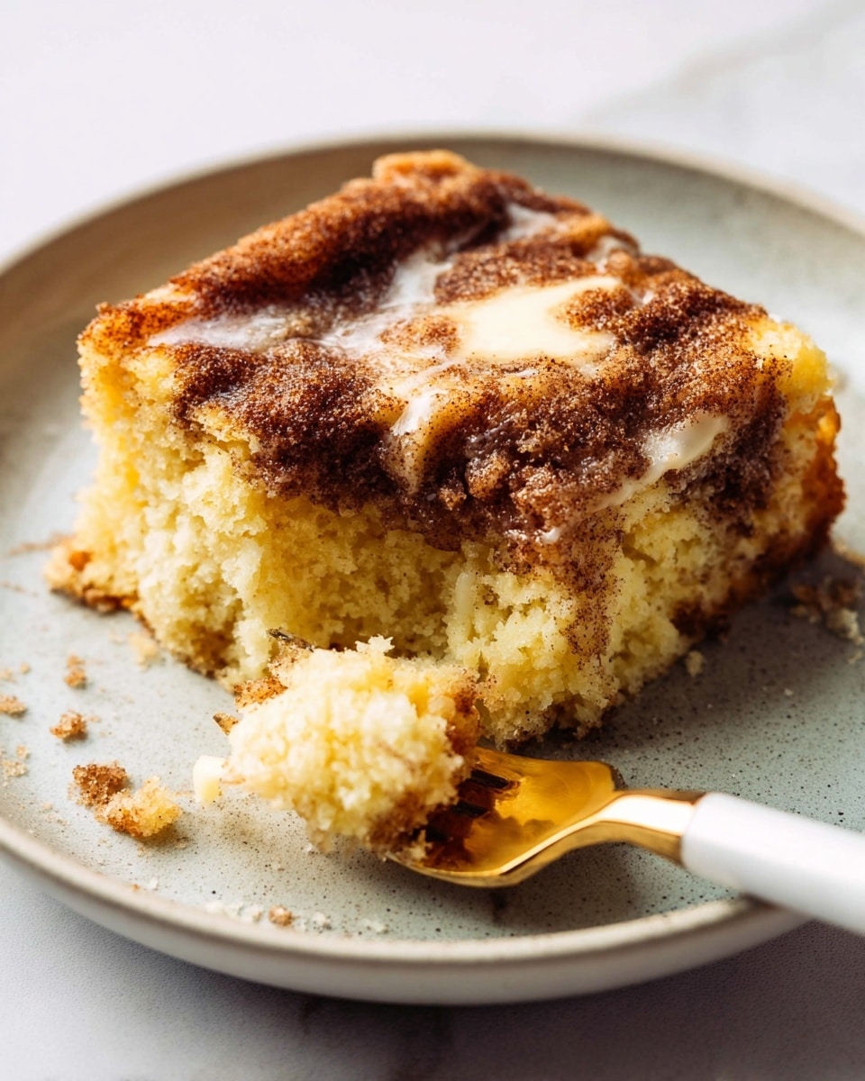 A square piece of soft yellow cake sits on a white plate with a melted pat of butter on top, mixing into a layer of dark brown cinnamon sugar powder covering the upper surface. The cake has a crumbly texture in the lower half, while the top looks slightly crisp and uneven with cinnamon sugar. A gold fork with a white handle is touching the side of the cake, breaking a small piece off, with some crumbs scattered around. The white plate rests on a white marbled surface. Photo taken with an iphone --ar 4:5 --v 7