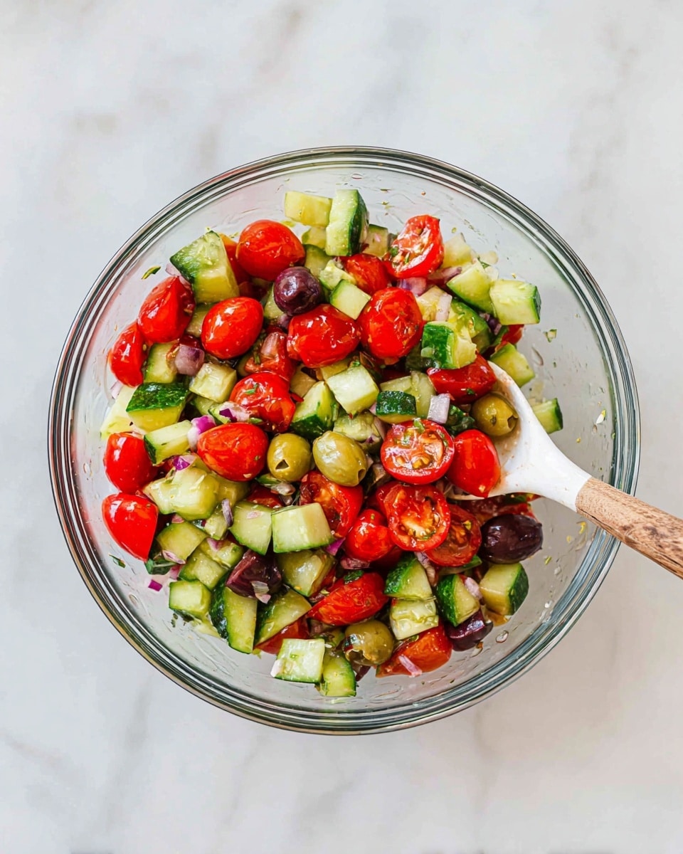 A clear glass bowl sits on a white marbled surface, filled with a colorful vegetable salad. The salad has three main layers visible: bright red cherry tomatoes, light green cucumber cubes with dark green skin mixed in, and green and purple olives scattered throughout. There are also some small pieces of red onion adding a touch of purple. A white spoon with a wooden handle is resting in the bowl, slightly buried in the salad. The colors are fresh and vibrant, showing the mix of juicy and crisp textures. photo taken with an iphone --ar 4:5 --v 7
