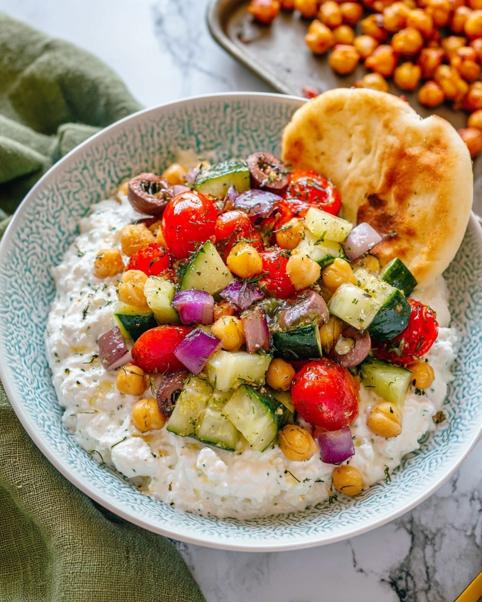 In a shallow white bowl with a light blue pattern around the edge, there is a base layer of creamy white cottage cheese spread thickly across the bottom. On top of this, there is a colorful pile of diced green cucumbers, halved red cherry tomatoes, sliced green and black olives, small roasted golden chickpeas, and bits of purple onion, all mixed together with visible herbs. Two pieces of small, golden-brown flatbread rest against the edge of the bowl, leaning into the cottage cheese layer. The bowl is placed on a white marbled surface with a green cloth nearby and a tray of roasted chickpeas in the background. Photo taken with an iphone --ar 4:5 --v 7