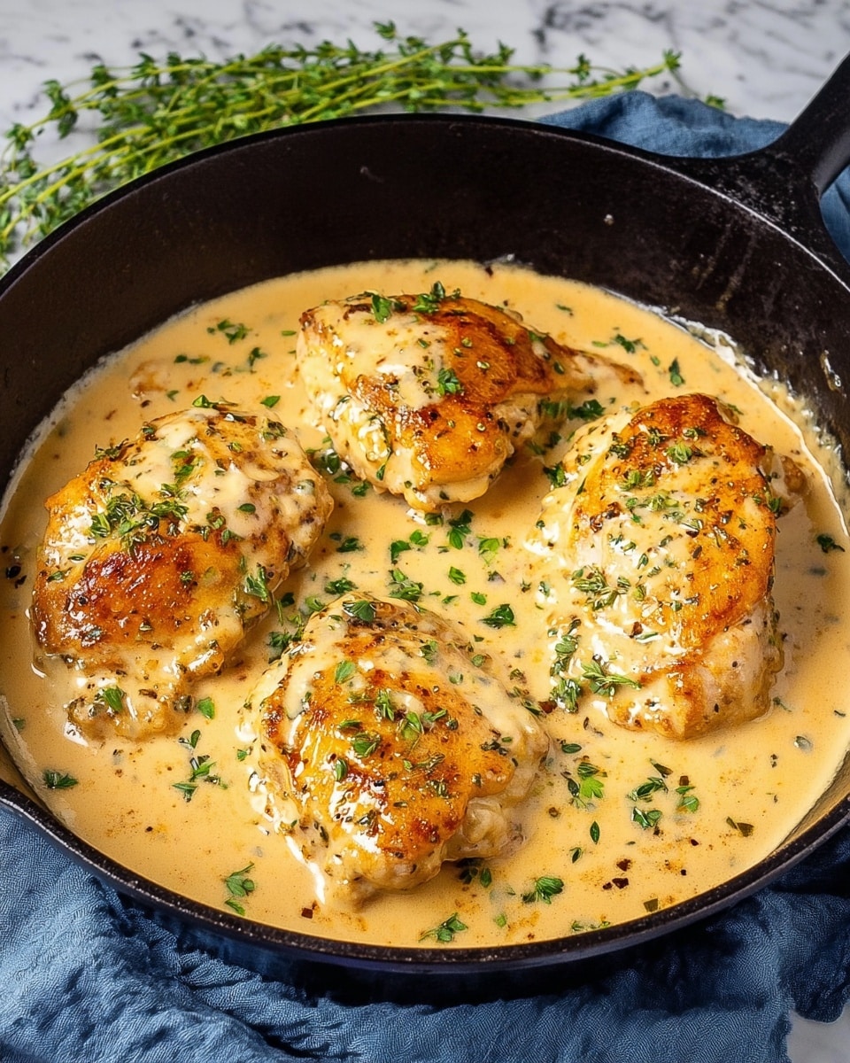 In a black cast iron pan, there are four golden-brown cooked pieces of chicken, partially covered by a thick cream-colored sauce. The sauce has small bits of herbs and spices, with some green parsley sprinkled on top for garnish. The pan is placed on a crumpled blue napkin, with some green herb sprigs in the background on a white marbled surface. The chicken pieces have a glossy texture from the sauce that fills the pan around them. photo taken with an iphone --ar 4:5 --v 7