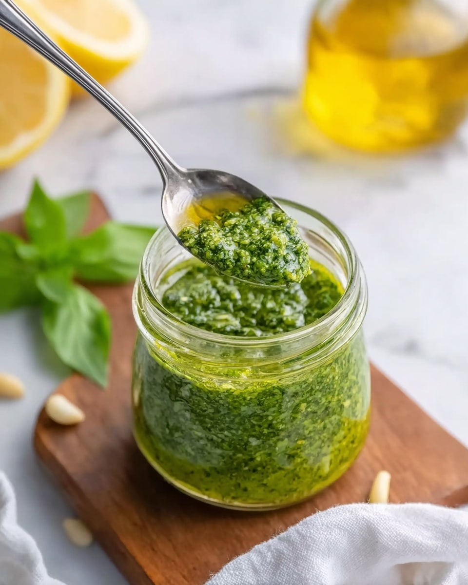 A small clear glass jar sits on a wooden board over a white marbled surface, filled with bright green pesto sauce that looks fresh and textured. A silver spoon scoops some of the pesto, showing a slightly chunky, oily texture with bits of basil leaves and pine nuts. In the background, blurred lemon wedges, fresh basil leaves, and a jar of golden oil add color and context. A white cloth is partially visible at the bottom of the image. The photo taken with an iphone --ar 4:5 --v 7