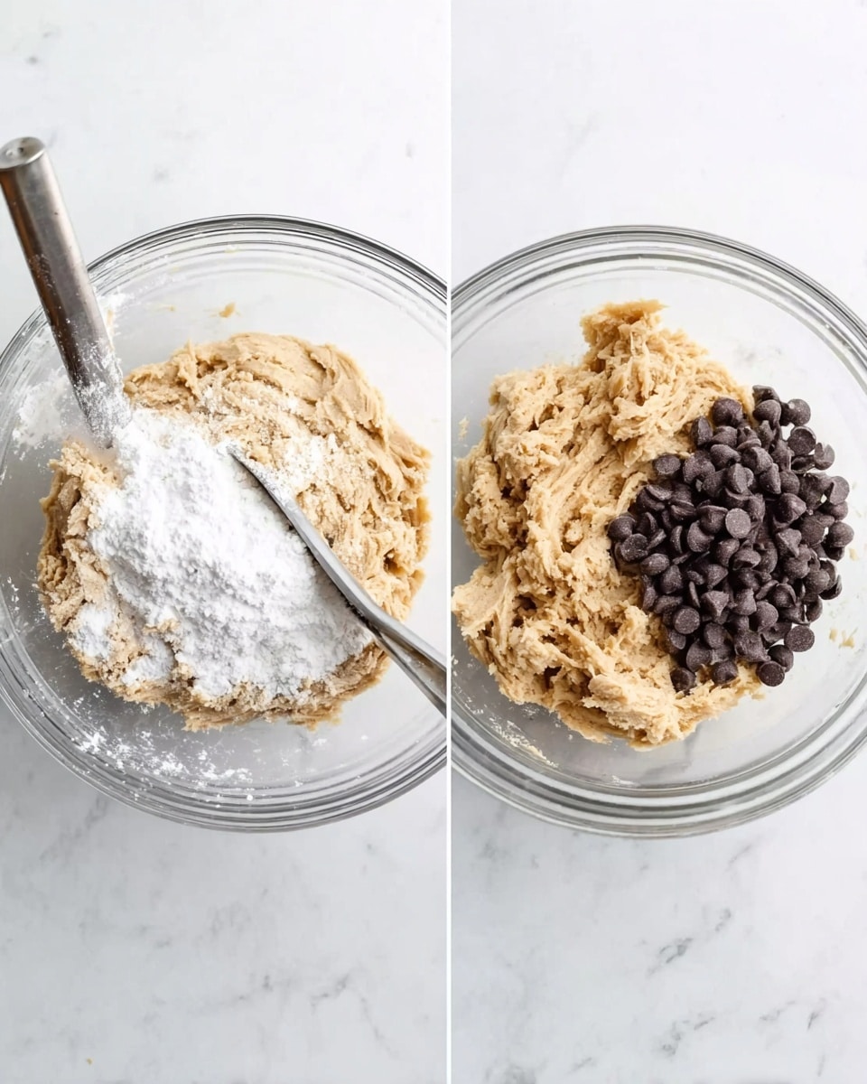 The image shows two clear glass mixing bowls on a white marbled surface. The left bowl contains a thick beige dough with a large pile of white powdered sugar on top, partially mixed in with a metal spatula. The right bowl holds the same beige dough now without powdered sugar, with a pile of dark brown chocolate chips sitting on top to the right side. Each bowl shows different stages of mixing cookie dough ingredients, with rough textured dough and smooth chocolate chips clearly visible. photo taken with an iphone --ar 4:5 --v 7