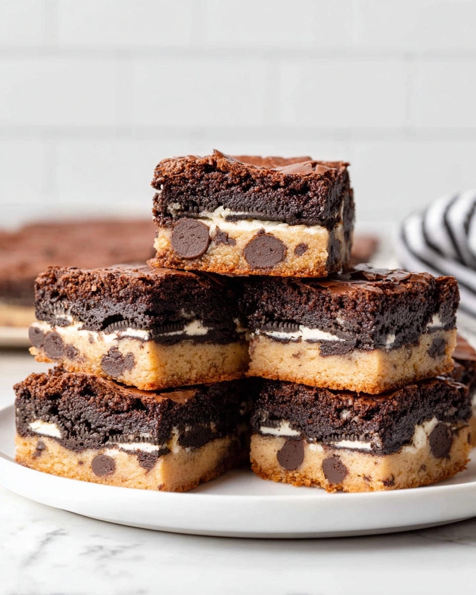 A white plate holds a stack of five square dessert bars with three clear layers. The bottom layer is light brown with a soft texture, dotted with visible chocolate chips. The middle layer is made up of whole black and white sandwich cookies arranged side by side, showing their creamy white filling. The top layer is a thick, cracked, dark brown chocolate brownie with a slightly rough texture. The plate sits on a white marbled surface with a blurred white brick wall in the background. Photo taken with an iphone --ar 4:5 --v 7