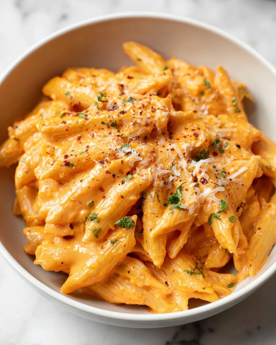 A close-up view of a bowl filled with creamy orange penne pasta sauce, with the penne pasta covered in a smooth and thick sauce. The pasta is mixed with small green herb bits and topped with a light sprinkle of finely grated cheese. The creamy sauce has an even texture that coats each piece of pasta well. The bowl holding the dish is white, sitting on a white marbled surface. photo taken with an iphone --ar 4:5 --v 7