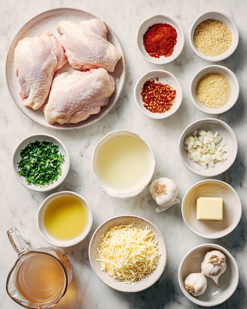 The image shows a white plate on the left with three raw chicken pieces that are smooth and pinkish. To the right, there are several small white bowls and plates arranged in a neat grid on a white marbled surface. At the top right is a bowl of red chili powder, next to it a bowl with pale yellow mustard. Below these are a white plate half filled with yellowish garlic powder and red chili flakes, and another small bowl with oil. In the middle left is a bowl of finely chopped green herbs. Near the bottom, there is a bowl full of shredded pale yellow cheese, a small bowl with a square of butter, and a white measuring cup filled with light yellow liquid. At the bottom left are a glass measuring cup of light brown broth, a small plate with whole peeled garlic cloves and chopped shallots, and another glass measuring cup filled with cream. Photo taken with an iphone --ar 4:5 --v 7