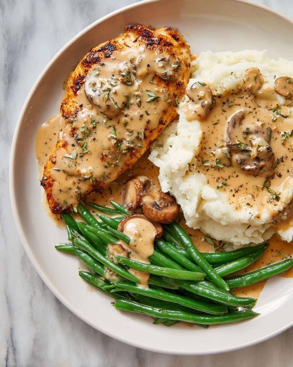 A white plate holds a meal with three main layers: on the left is a grilled golden-brown chicken breast topped with a creamy light brown sauce flecked with herbs and pepper, to the right is a large scoop of fluffy white mashed potatoes covered with the same sauce and black pepper, and at the bottom is a pile of bright green steamed green beans drizzled with the sauce. A couple of light brown cooked mushrooms rest near the mashed potatoes. The plate is set on a white marbled surface. Photo taken with an iphone --ar 4:5 --v 7