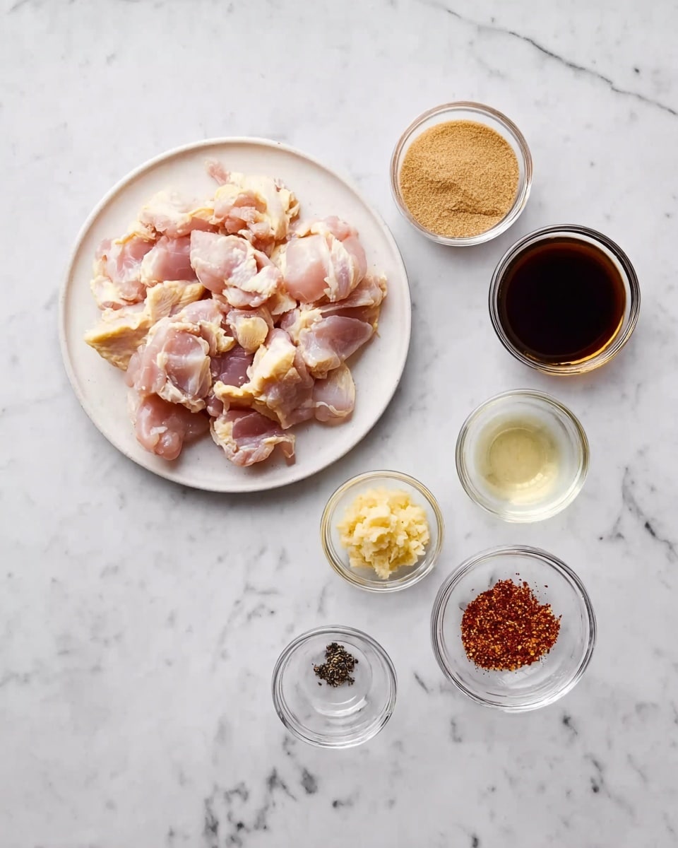 The image shows a white plate filled with raw chicken skin pieces placed on the upper left side of the white marbled surface. Around the plate, there are five small clear glass bowls arranged loosely: one bowl contains light brown sugar positioned centrally, one contains a dark brown liquid sauce near the bottom right, another holds a pale yellow minced garlic paste near the bottom left, a small bowl with a dark spice is located centrally near the bottom, a bowl of red spice is near the top right, and finally, a bowl of a clear light liquid is placed near the upper middle. photo taken with an iphone --ar 4:5 --v 7