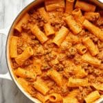 Rigatoni Pasta with Creamy Tomato and Ground Beef Sauce Recipe