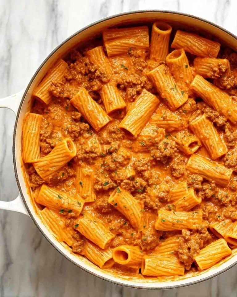 Rigatoni Pasta with Creamy Tomato and Ground Beef Sauce Recipe
