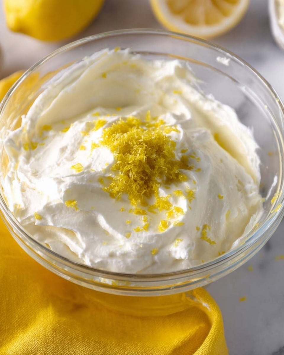 A clear glass bowl shows two main layers of soft, white cream with a fluffy texture, topped with a small pile of bright yellow lemon zest in the center, adding a rough, granular texture. The bowl sits on a bright yellow cloth on a white marbled surface, with part of a lemon and some butter visible softly out of focus in the background. The cream looks thick and smooth, with some areas slightly swirled. Photo taken with an iphone --ar 4:5 --v 7