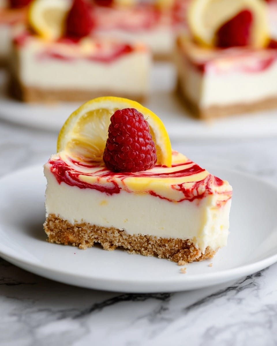 The image shows a slice of cheesecake with three clear layers on a white plate: the bottom layer is a crumbly light brown crust, the middle layer is a thick, smooth white cheesecake filling, and the top layer is a mix of red and white swirled topping. On top of the cheesecake slice is a fresh red raspberry and a thin slice of lemon with bright yellow peel. In the background, blurred pieces of the same cheesecake with similar topping can be seen on a white marbled surface. Photo taken with an iphone --ar 4:5 --v 7