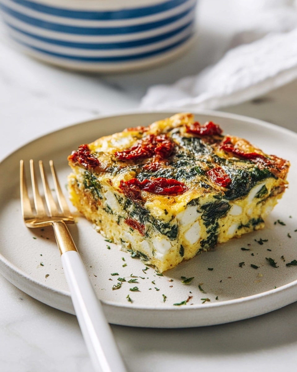 A square slice of baked egg dish sits in the center of a white plate, showing a layered texture with a yellow egg base, chunked white cheese, wilted dark green spinach, and small red pieces of sun-dried tomatoes spread evenly on top. The top layer is slightly browned and crispy. Some finely chopped herbs are lightly sprinkled around the slice on the plate. To the left is a fork with a white handle and gold prongs resting on the plate. The background is a white marbled surface with a blurred blue and white striped dish in the upper left corner. Photo taken with an iphone --ar 4:5 --v 7
