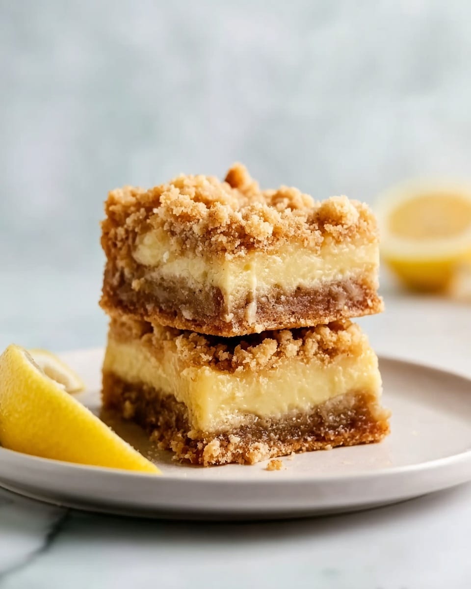 The image shows two square lemon bars stacked on top of each other on a white plate. Each bar has three layers: the bottom layer is dense and golden brown with a crumbly texture, the middle layer is thick and creamy yellow, and the top layer is a crumbly, lighter golden streusel. To the left of the bars, there is a small wedge of lemon on the plate. The background is a white marbled texture with soft, blurred light colors. Photo taken with an iphone --ar 4:5 --v 7