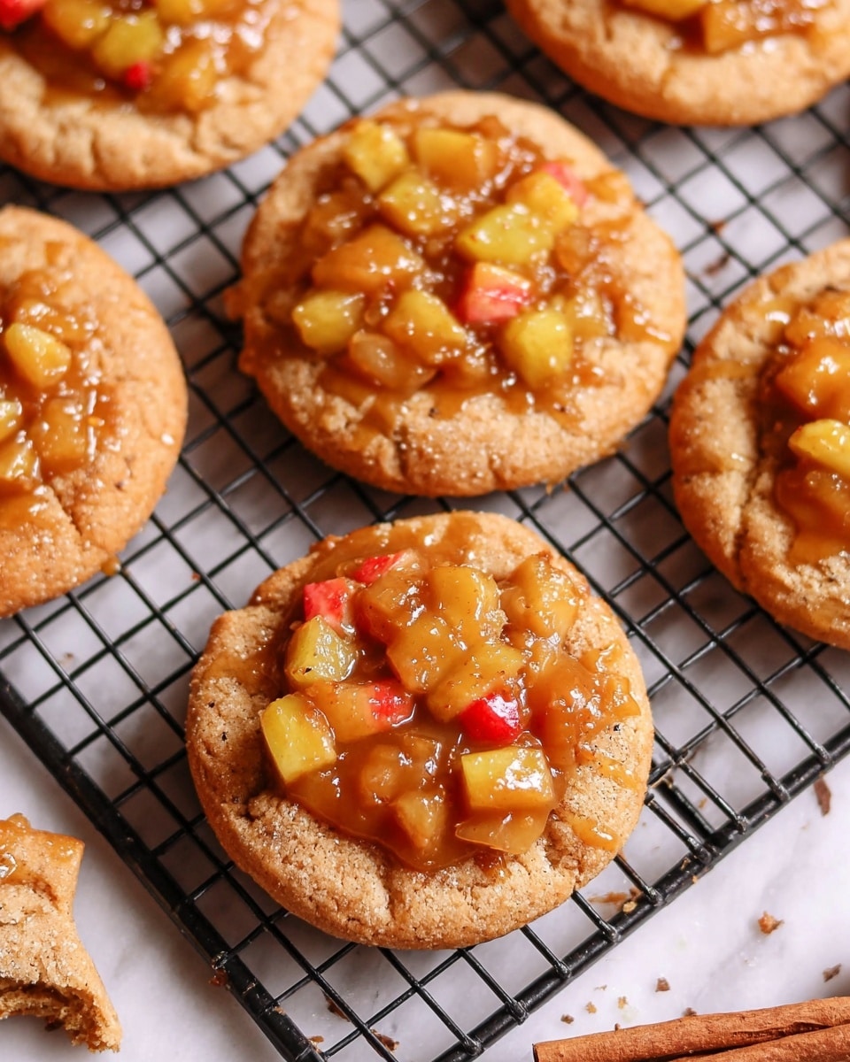 The image shows several round cookies on a black cooling rack placed over a white marbled surface. Each cookie has a golden brown base with a slightly rough texture. On top of the cookies, there is a thick layer of caramel-colored sauce with shiny, diced fruit pieces in shades of yellow, orange, and red. The sauce is drizzled over the edges of some cookies, and the fruit pieces are clustered in the center. In the background, partially visible, is a cinnamon stick and a piece of another cookie with a bite taken out of it. Photo taken with an iphone --ar 4:5 --v 7