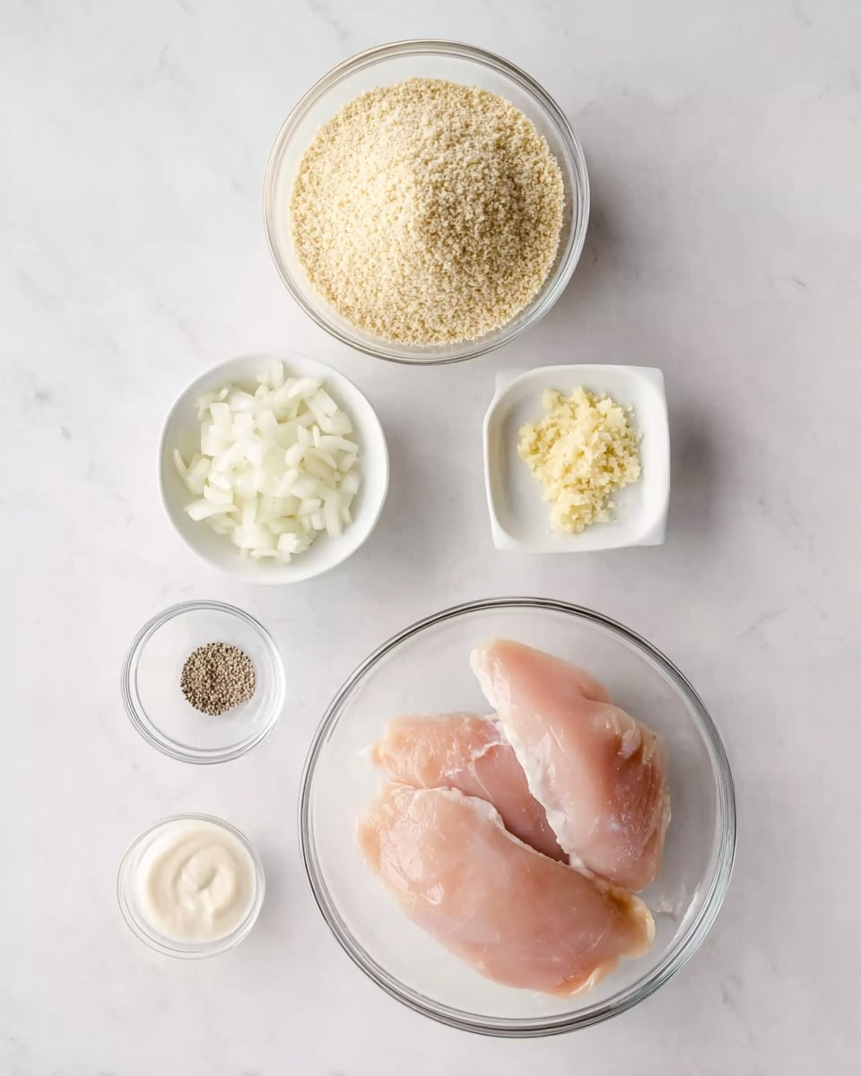 The image shows a white marbled surface with six clear glass and white bowls arranged neatly. In the largest clear glass bowl at the bottom right, there are two raw light pink chicken fillets. Above and slightly to the left, there's a medium-sized clear glass bowl filled with pale yellow breadcrumbs. To the right of the breadcrumbs bowl is a small white square bowl with minced light yellow garlic. Below the breadcrumbs, a slightly larger white round bowl holds a creamy white sauce. To the left of the sauce, there is a small clear glass bowl with coarse black pepper. Lastly, at the top left, a medium clear glass bowl contains white pieces of onion. All items are placed orderly on the white marbled surface, seen from above. photo taken with an iphone --ar 4:5 --v 7