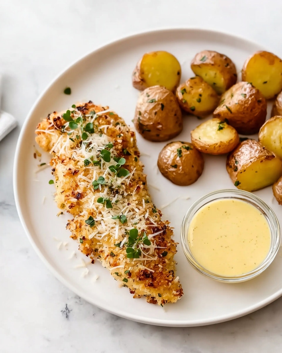 A white plate holds a breaded and baked chicken fillet topped with grated parmesan cheese and small green herb leaves, positioned on the left side. To the top right side of the plate, there are several round, golden-brown roasted baby potatoes, arranged in a small pile. In the lower right corner of the plate, a small glass dish contains a smooth, pale yellow dipping sauce. The plate is set on a white marbled surface. Photo taken with an iphone --ar 4:5 --v 7