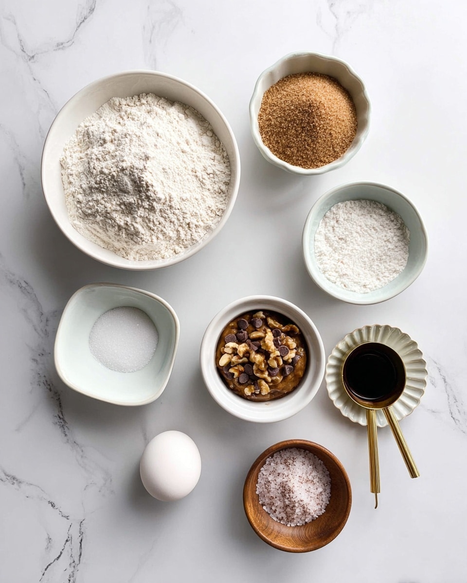 The image shows eight small containers with different baking ingredients on a white marbled surface. Starting from the top left, there is a white round bowl filled with white flour, next to it on the right is another white round bowl filled with light brown sugar. Below the brown sugar bowl, there is a white round bowl containing a mixture of small chocolate chips and chopped nuts. To the right of that is a white ramekin filled with a brown and creamy mixture that looks like cinnamon and butter. Below the flour bowl, there is one white egg placed directly on the surface. Next to the egg on the bottom left is a small white square bowl filled with white granulated sugar. To the right of that is a small round wooden bowl filled with coarse salt. Below the salt, there is a small fluted metal cup containing a pinch of salt and pink salt. Lastly, to the right of the fluted cup, there is a small gold measuring spoon filled with dark vanilla extract. All elements are neatly spaced and arranged in a loose shape. Photo taken with an iphone --ar 4:5 --v 7