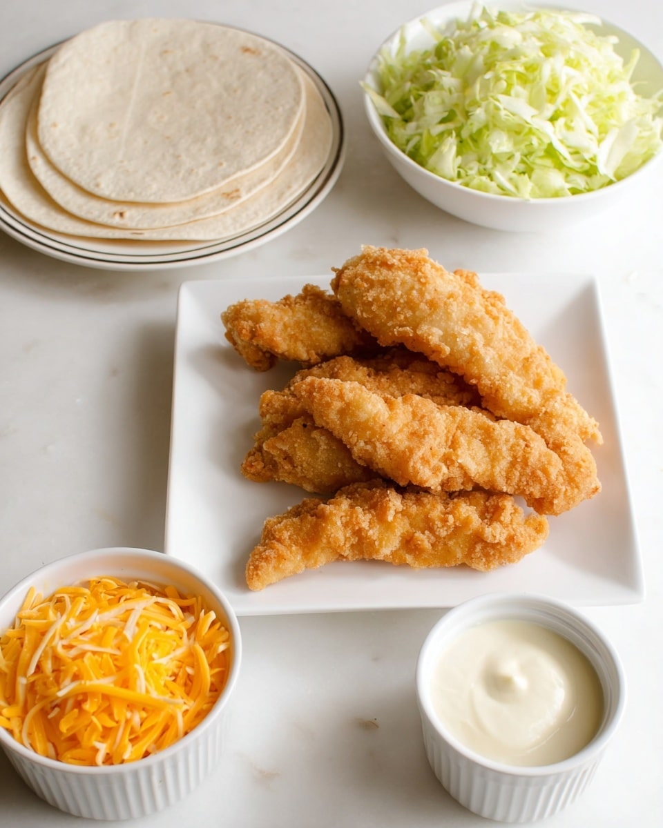 The image shows five pieces of golden brown crispy fried chicken strips arranged in a pile on a white square plate at the center. To the top right, there is a white bowl filled with shredded light green lettuce. To the top left, a small stack of soft white tortillas rests on a white plate with a striped pattern. At the bottom left, a white bowl holds bright orange shredded cheddar cheese. At the bottom right, there is a small white ramekin filled with creamy white sauce. All items are placed on a white marbled surface. Photo taken with an iphone --ar 4:5 --v 7
