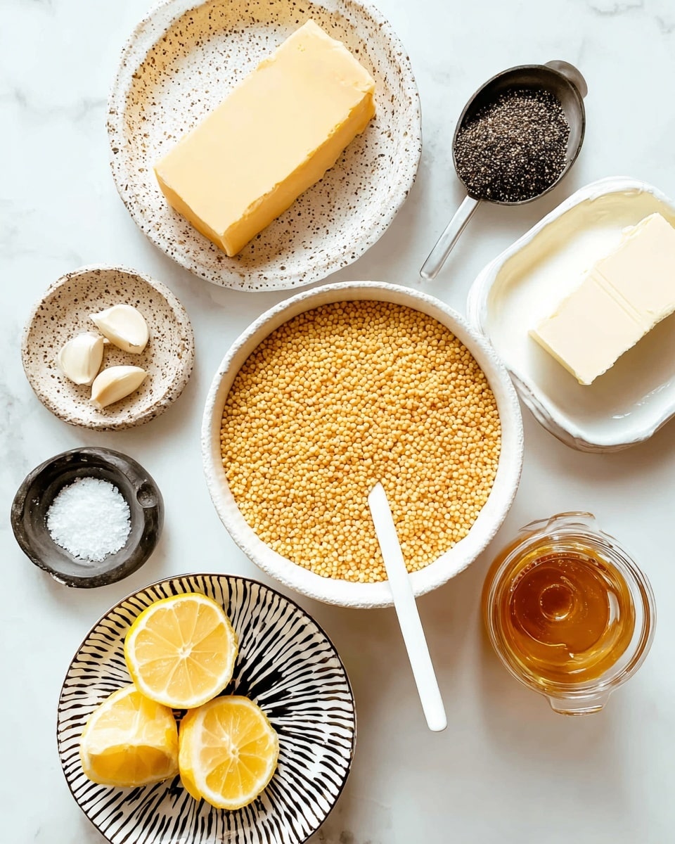 A white bowl filled with small yellow round grains sits in the center, with a white spoon resting inside it. Surrounding the bowl are smaller white dishes containing various ingredients: a speckled plate with a large block of yellow cheese on the bottom left, a small bowl with two garlic cloves just above it, a black spoon filled with coarse salt at the top, and a white plate with a block of butter near the top right. To the right of the butter, there is a glass container with golden honey. At the bottom center, a small white plate with black zigzag patterns holds two lemon halves. The whole setup is placed on a white marbled surface. Photo taken with an iphone --ar 4:5 --v 7
