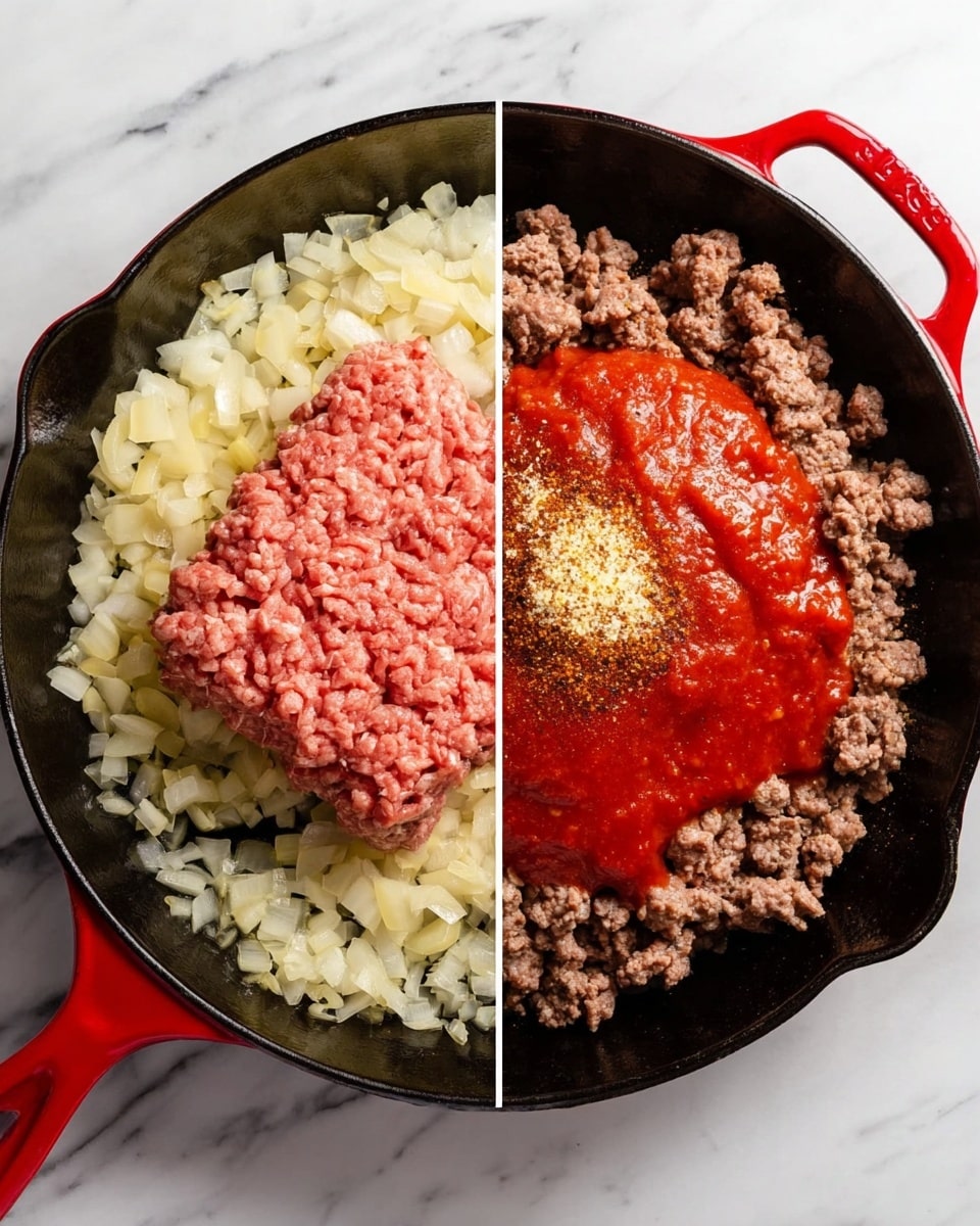 The image shows two stages of cooking in a black cast iron skillet with a red handle, placed on a white marbled surface. On the left side, there is a layer of small, chopped pale yellow onions spread across the skillet base, topped with a large rectangular mound of raw pink ground meat sitting in the center. On the right side, the meat is browned and broken up into small chunks, mixed with the translucent cooked onions. On top of this, a thick, bright red tomato sauce covers the middle, with a small heap of finely minced pale yellow garlic on the sauce. There are layers of dark reddish-brown spices sprinkled over the sauce, creating a contrast in color and texture. Photo taken with an iphone --ar 4:5 --v 7