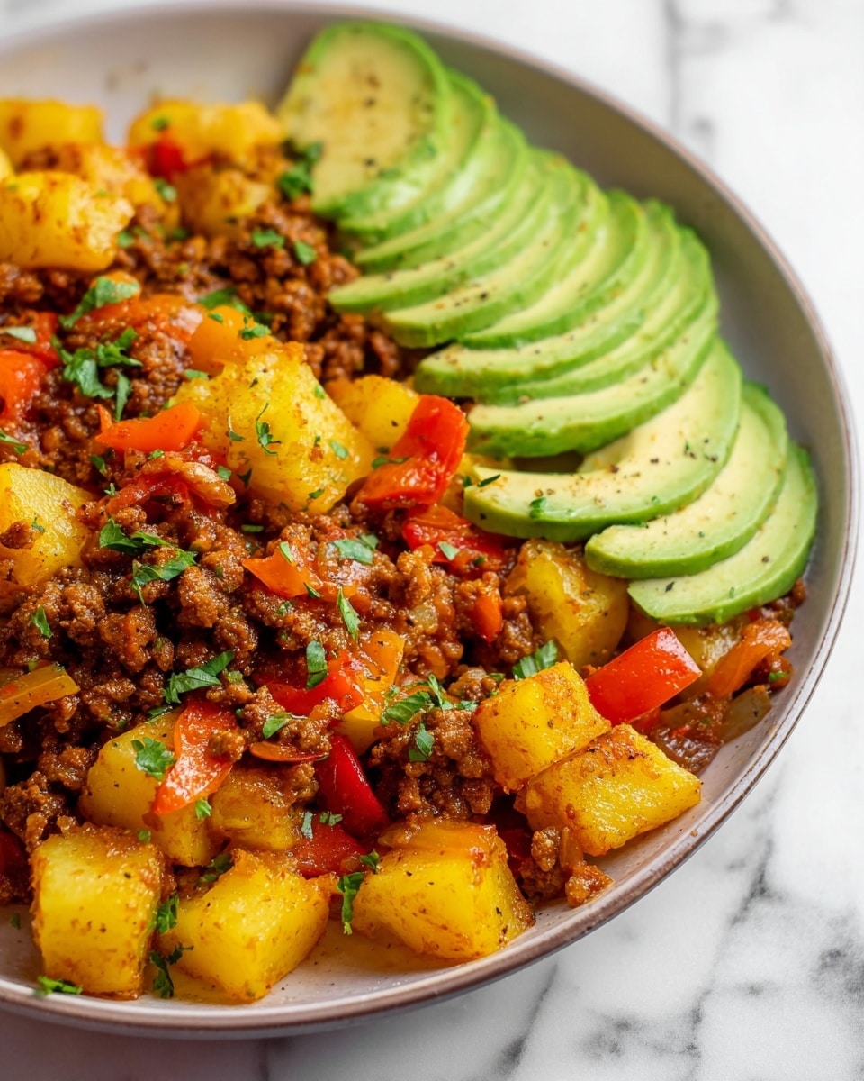 A close-up of a white round plate filled with three main layers: the bottom layer has cooked diced potatoes in yellow with a soft texture, the middle layer shows cooked ground meat mixed with red and orange diced bell peppers and softened onions, all cooked together with a brown seasoning coating, and the top layer features slices of fresh green avocado fanned out along one edge; small pieces of chopped green herbs are sprinkled across the dish. The plate is placed on a white marbled surface. Photo taken with an iphone --ar 4:5 --v 7