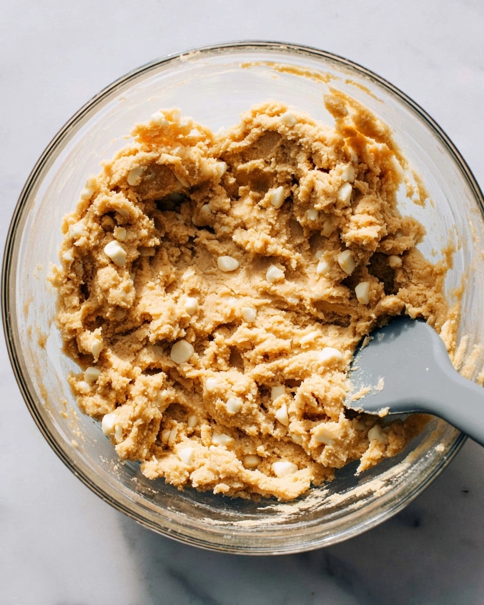 The image shows a thick, creamy cookie dough mixture in a clear glass bowl. The dough is light brown with many small white chunks spread evenly throughout. A gray silicone spatula is partially dipped into the dough, its handle sticking out to the right side. The bowl sits on a white marbled surface, and soft natural light highlights the texture of the dough, making it look dense and slightly sticky. photo taken with an iphone --ar 4:5 --v 7