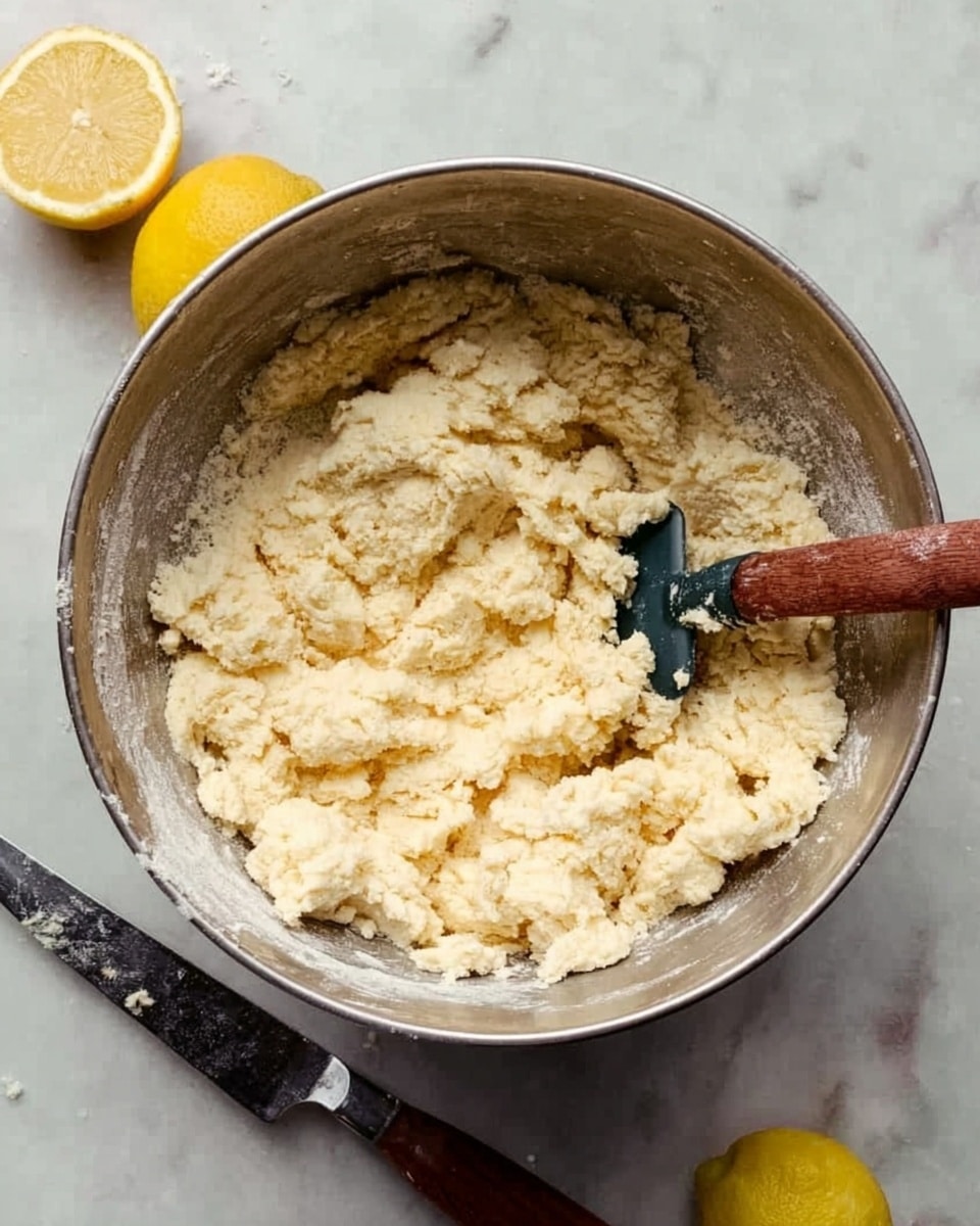 A silver mixing bowl filled with a rough, pale yellow dough that looks crumbly and uneven in texture, with small lumps of flour still visible. In the bowl, there is a spatula with a wooden handle resting against the dough, partly covered with it. The bowl is placed on a white marbled surface, and around the bowl, there are two halved lemons and a knife with a dark handle and shiny blade. The lighting is natural and soft, highlighting the texture of the dough and the shine on the bowl. Photo taken with an iphone --ar 4:5 --v 7