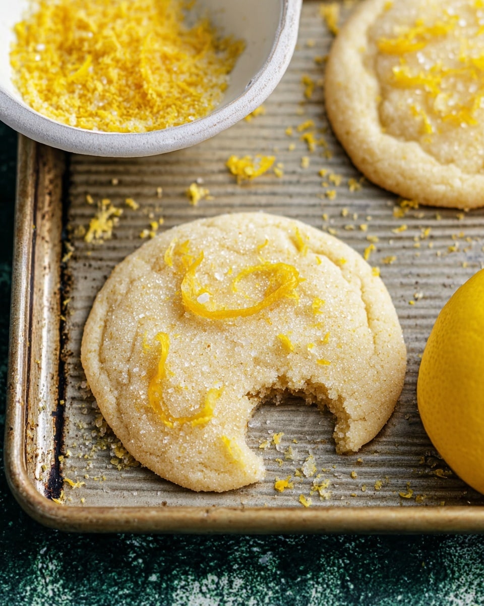 The image shows a close-up of a round lemon sugar cookie with a bite taken out of it, placed on a ridged metal baking sheet. The cookie is light golden with an uneven texture, topped with coarse sugar crystals and scattered bright yellow lemon zest. Part of another cookie appears in the top right corner, and a bright yellow lemon is partly visible on the bottom right. In the top left corner, there is a white bowl filled with loose lemon zest. The background surface below the baking sheet has a dark green, textured look, but the main scene focuses on the cookies and lemon zest on the baking sheet photo taken with an iphone --ar 4:5 --v 7