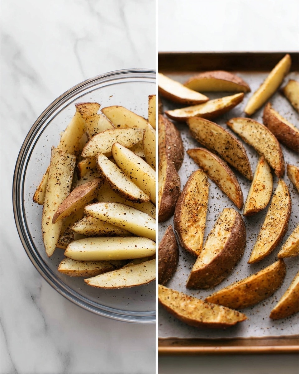 The image shows two parts: on the left, a clear glass bowl filled with raw potato wedges coated with black pepper and other spices on a white marbled surface. On the right, the potato wedges are spread out in a single layer on a baking sheet, showing a light golden brown color with visible seasoning and a slightly crispy texture. The wedges have dark brown skins and cream-colored insides. photo taken with an iphone --ar 4:5 --v 7