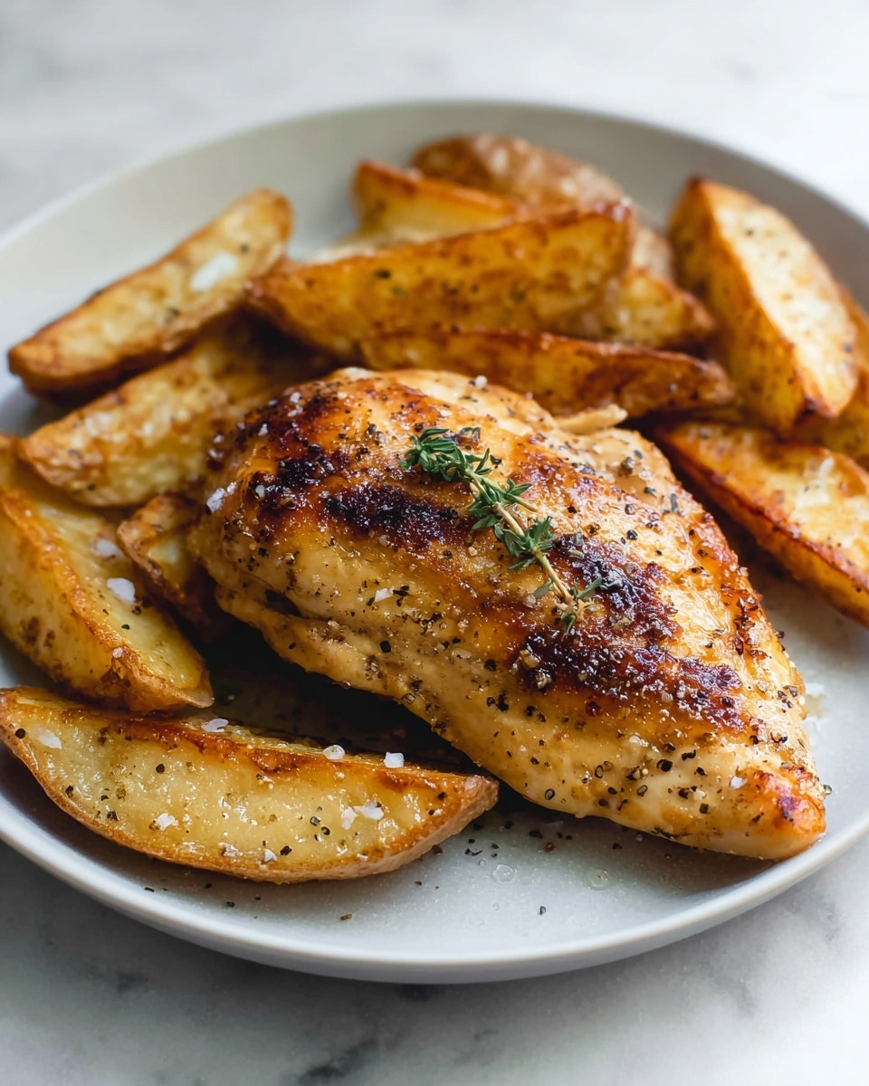 A single golden-brown grilled chicken piece sits in the center of a white plate, covered lightly with black pepper specks and a sprinkle of salt, garnished with a small green thyme sprig on top. Surrounding the chicken are multiple potato wedges with crispy edges, showing a light golden and browned texture with seasoning visible on their skin. The white plate rests on a white marbled surface, enhancing the warm colors of the food. Photo taken with an iphone --ar 4:5 --v 7