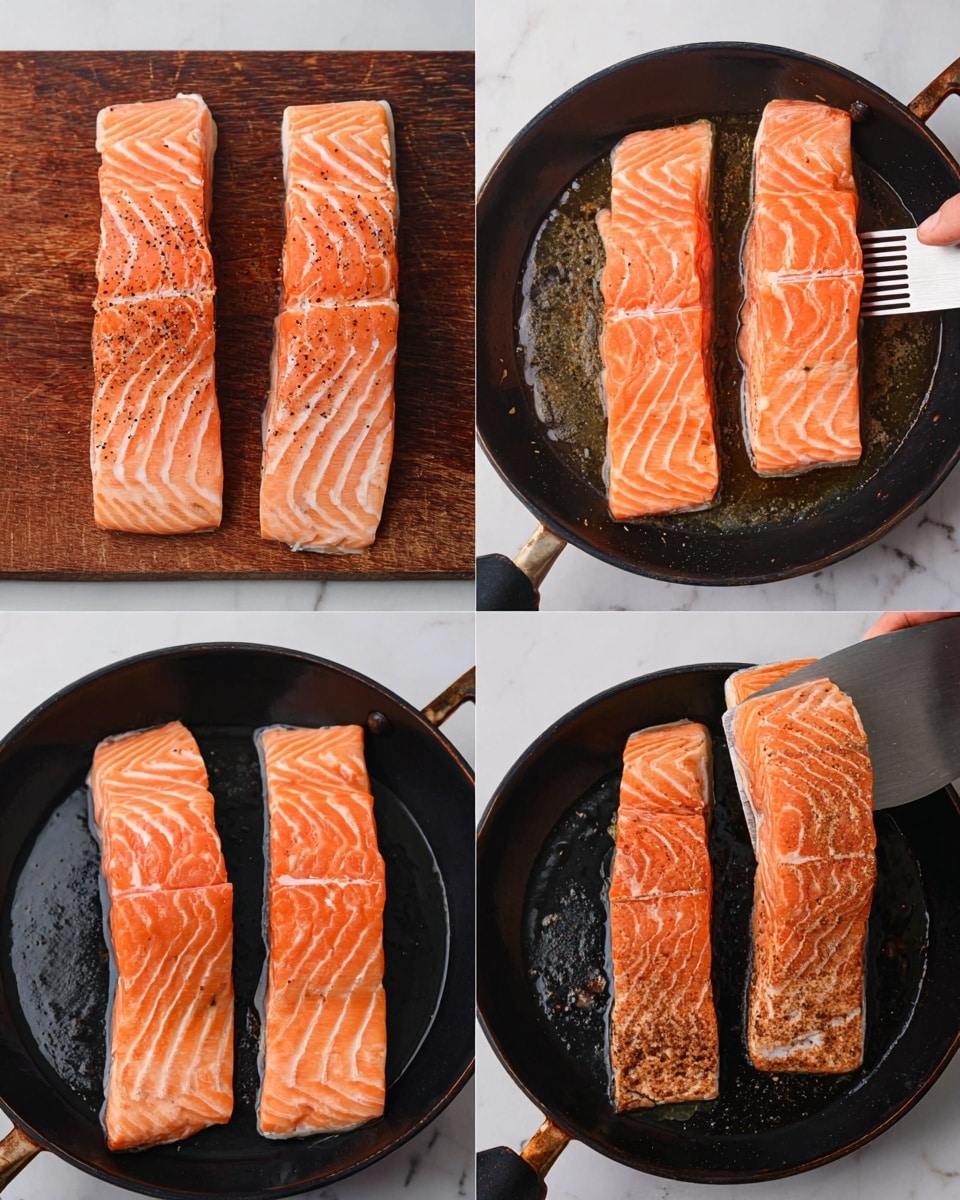 The image shows four stages of cooking three long salmon fillets, each with thin white lines and an orange-pink color. In the first stage, the raw salmon pieces are placed side by side on a wooden chopping board, sprinkled lightly with black pepper. The second stage shows the bright salmon pieces lying flat in a black pan with some oil glistening around. The third stage captures a woman’s hand holding a spatula, gently pressing down on the salmon fillets while they cook in the pan, with one fillet slightly curling. The final stage displays the salmon with a browned, crispy surface, showing contrasting dark golden and light orange parts, still in the pan. The background is a white marbled surface. Photo taken with an iphone --ar 4:5 --v 7