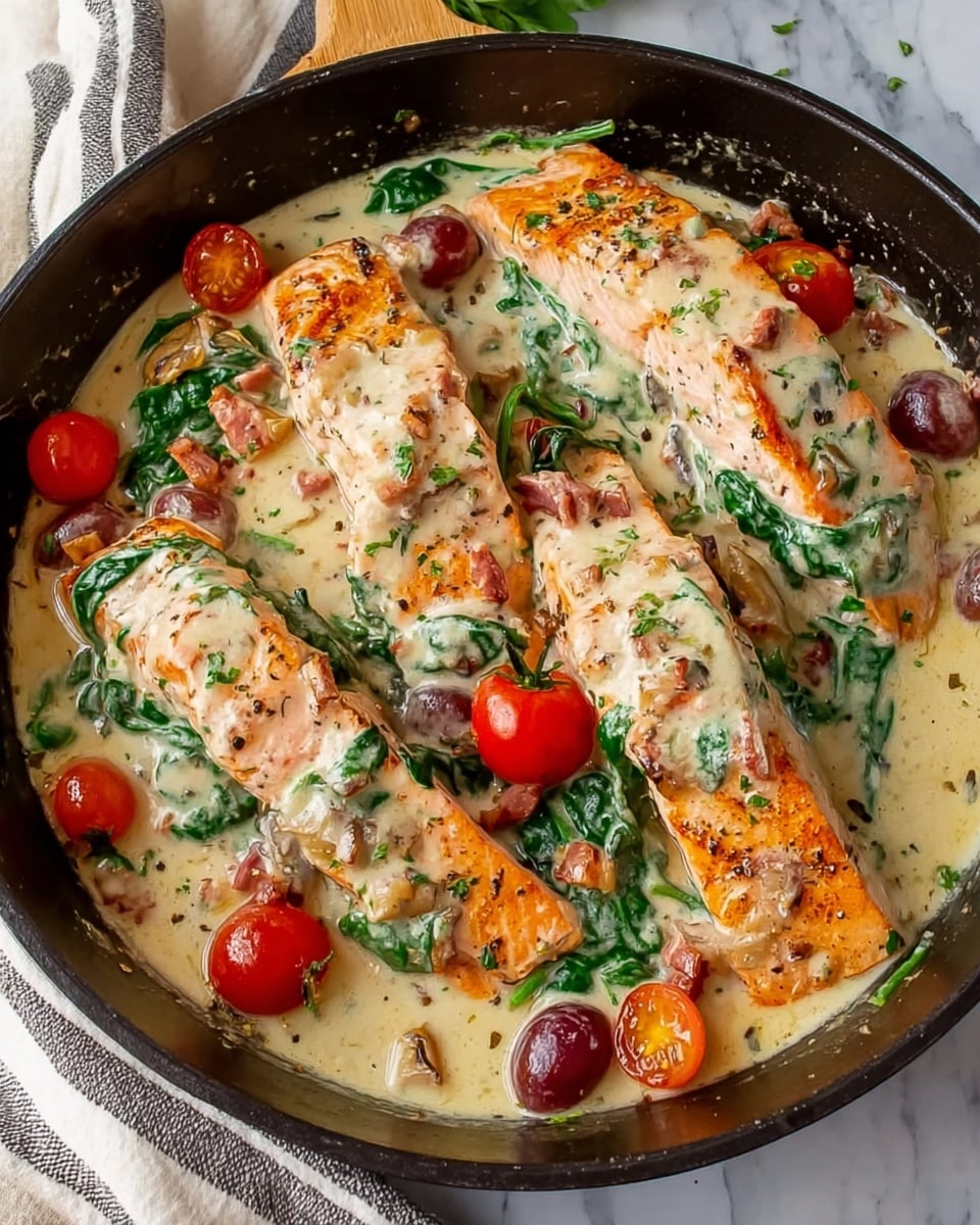 The image shows a black skillet filled with cooked salmon fillets covered in a creamy white sauce with visible herbs and small chopped garlic pieces. The creamy sauce has a thick texture and includes wilted green spinach leaves, whole small red grapes, and a few halved bright red cherry tomatoes scattered around the fish. The salmon fillets are pink-orange with lightly browned edges and are partially submerged in the sauce, which also holds small green and brown herb bits. The skillet rests on a white marbled surface with a striped cloth nearby. Photo taken with an iphone --ar 4:5 --v 7