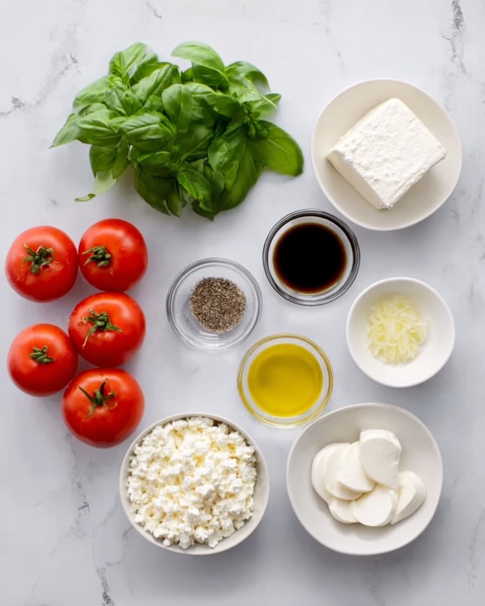 The image shows several ingredients arranged neatly on a white marbled surface. There are four bright red tomatoes on the left, with fresh green basil leaves placed above them. Moving clockwise, there is a small white bowl of minced garlic, a small white bowl with yellow olive oil, a small clear glass bowl with dark brown balsamic vinegar, and a white bowl with round slices of white mozzarella at the bottom right. At the bottom center is a small white bowl with a light yellow liquid, and next to it on the left is a white bowl filled with crumbly white feta cheese. To the top left of the feta is a small white bowl with black pepper and salt, and next to it to the right is a white plate with a square piece of cream cheese. All the bowls and plates are white, and the overall feel is neat and clean. Photo taken with an iphone --ar 4:5 --v 7