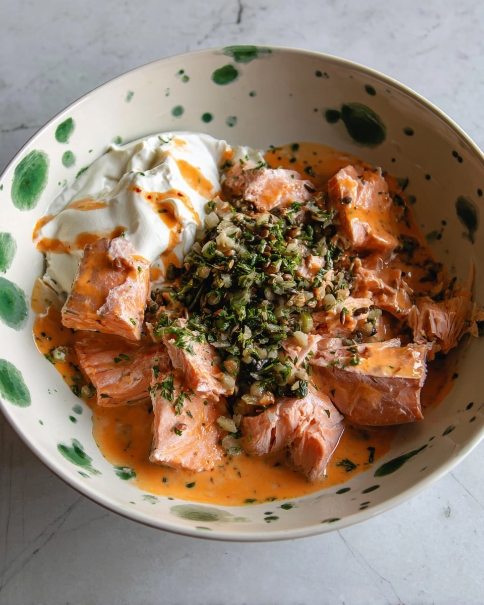 A white bowl with green spots on the inside holds pieces of cooked pink salmon with a light char on some edges, topped with an orange creamy sauce and chopped green herbs in the center. On the side of the bowl, there is a dollop of white cream with a small drizzle of orange sauce on top. The bowl is placed on a white marbled surface. photo taken with an iphone --ar 4:5 --v 7