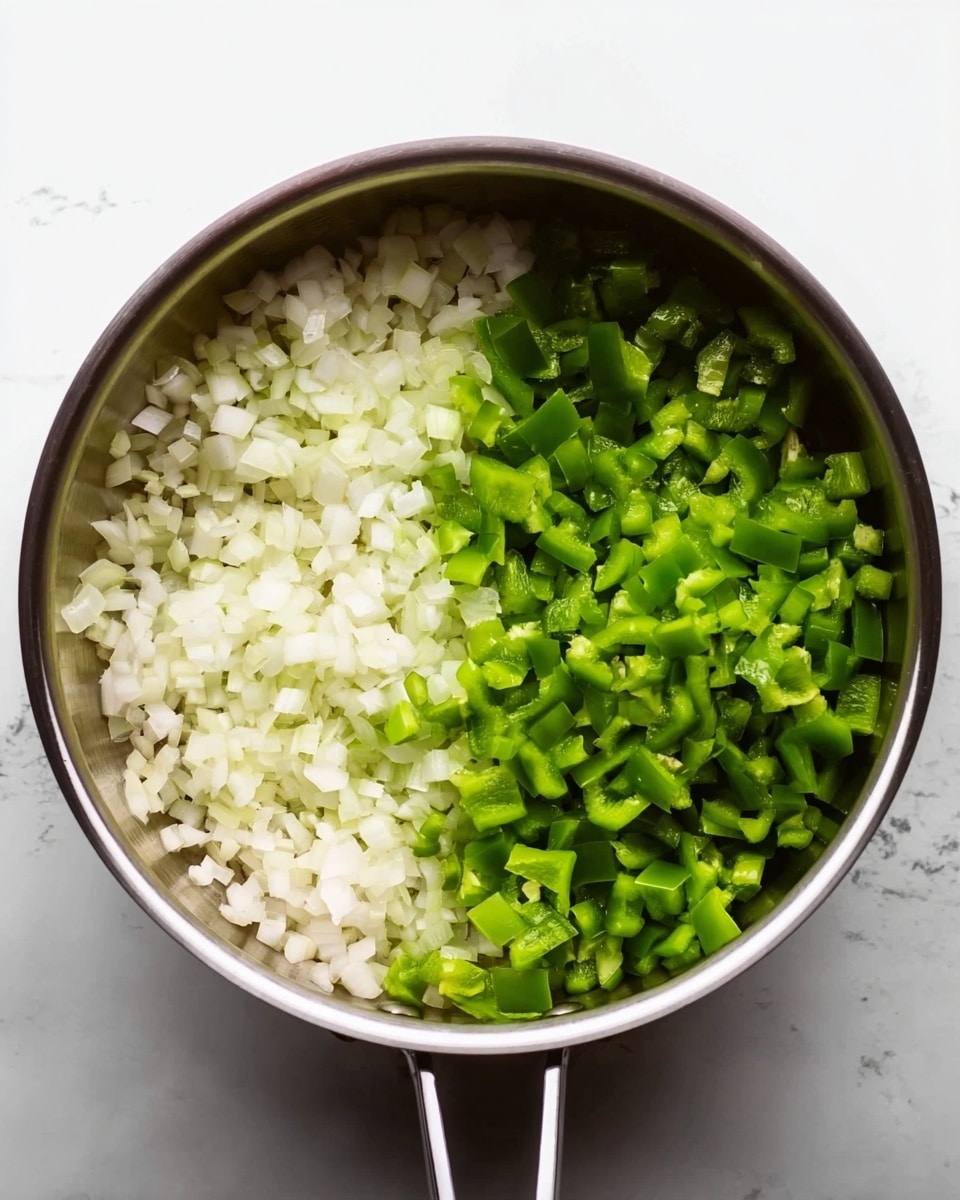 A top view of a stainless steel pan filled with two main layers of chopped vegetables, with the left layer being finely diced white onions showing a soft, slightly translucent texture, and the right layer consisting of chopped green bell peppers with a firm, bright green color. The vegetables are evenly divided inside the pan which is placed on a cooking surface, set against a white marbled texture background. Photo taken with an iphone --ar 4:5 --v 7