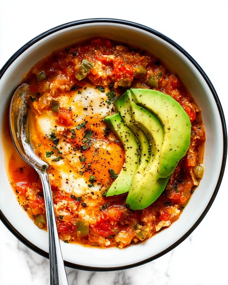 A white bowl with a black rim holds a thick stew-like dish with several visible layers. The base layer is a mix of chunky red tomato pieces and orange sauce, mixed with small pieces of green bell pepper and bits of cooked egg that add white and light yellow textures. On top of this layer, there are three slices of fresh avocado, bright green with a smooth surface, placed slightly to one side. The dish is sprinkled with black pepper and small green herb bits. A silver spoon rests inside the bowl on the left side, partly dipped into the dish. The bowl is set on a white marbled surface. Photo taken with an iphone --ar 4:5 --v 7