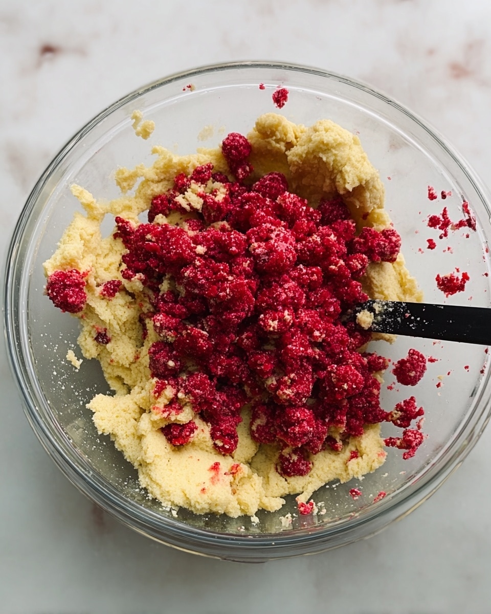 A clear glass bowl sits on a white marbled surface, filled with a pale yellow dough layer at the bottom that looks slightly crumbly and thick. On top, there is a generous layer of bright red raspberry pieces, scattered unevenly with some small chunks. A black spatula rests inside the bowl, partially touching the dough and raspberries. The whole scene captures a close-up, top-down view of the mixing process, showing the contrast between the creamy dough and the vivid raspberry bits, with some dough sticking lightly to the bowl edges. Photo taken with an iphone --ar 4:5 --v 7