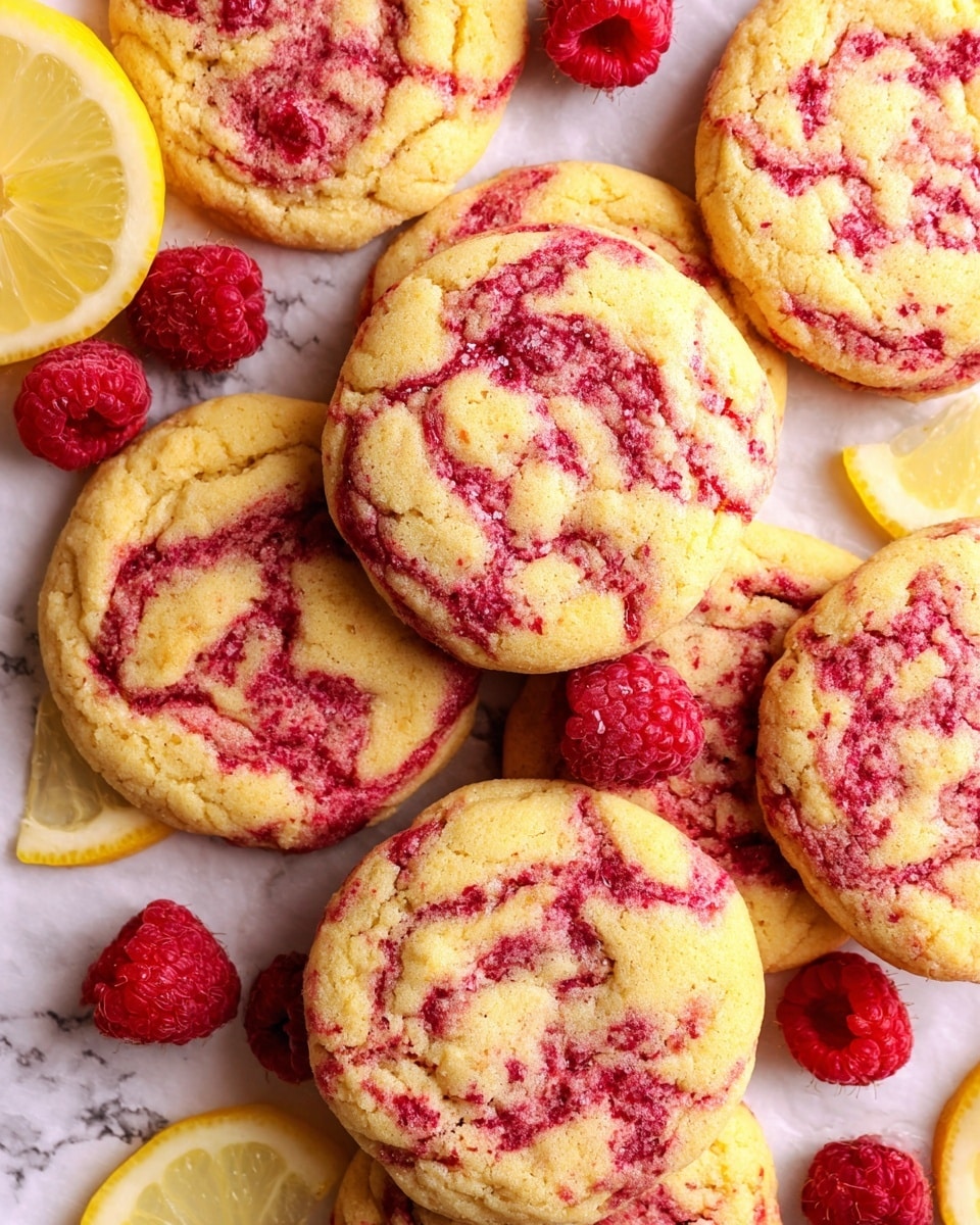 A close-up view of a group of soft cookies with a yellow base mixed with bright red swirls spread evenly on top, showing a slightly rough texture with visible cracks. The cookies are layered on a white marbled surface covered with white parchment paper. Scattered among the cookies are whole red raspberries and two slices of lemon with a pale yellow color and a juicy texture. The overall look is vibrant and fresh, emphasizing the contrast between the yellow cookie dough and the red raspberry swirls and fruit. photo taken with an iphone --ar 4:5 --v 7