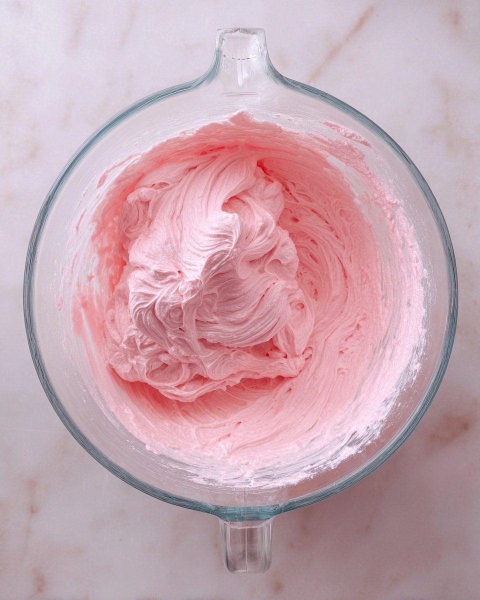 A clear glass mixing bowl sits on a white marbled surface, filled with a whipped, fluffy pink mixture that looks smooth and creamy. The soft peaks and swirls of the pink mixture fill the bowl almost to the top, showing airy texture with light shadows to highlight its volume. The bowl's handle is visible on the side. photo taken with an iphone --ar 4:5 --v 7