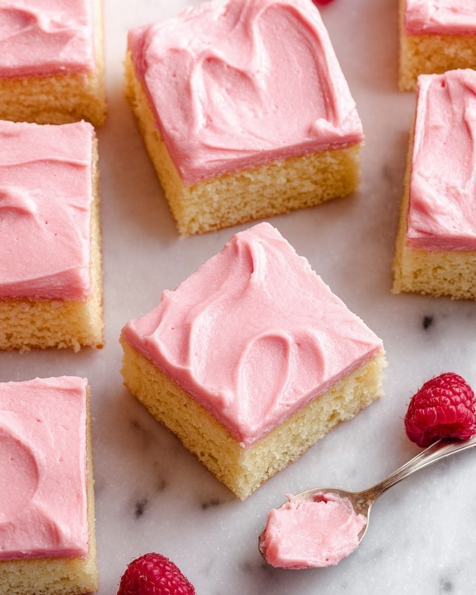 This image shows several square pieces of light yellow cake with a thick layer of smooth, pink frosting on top. Each cake piece has one layer: the soft, fluffy cake base and the creamy pink frosting on top with subtle swirled texture. The pieces are arranged on a white marbled surface, with a single raspberry near one piece and a spoon with some pink frosting on the side. Photo taken with an iphone --ar 4:5 --v 7