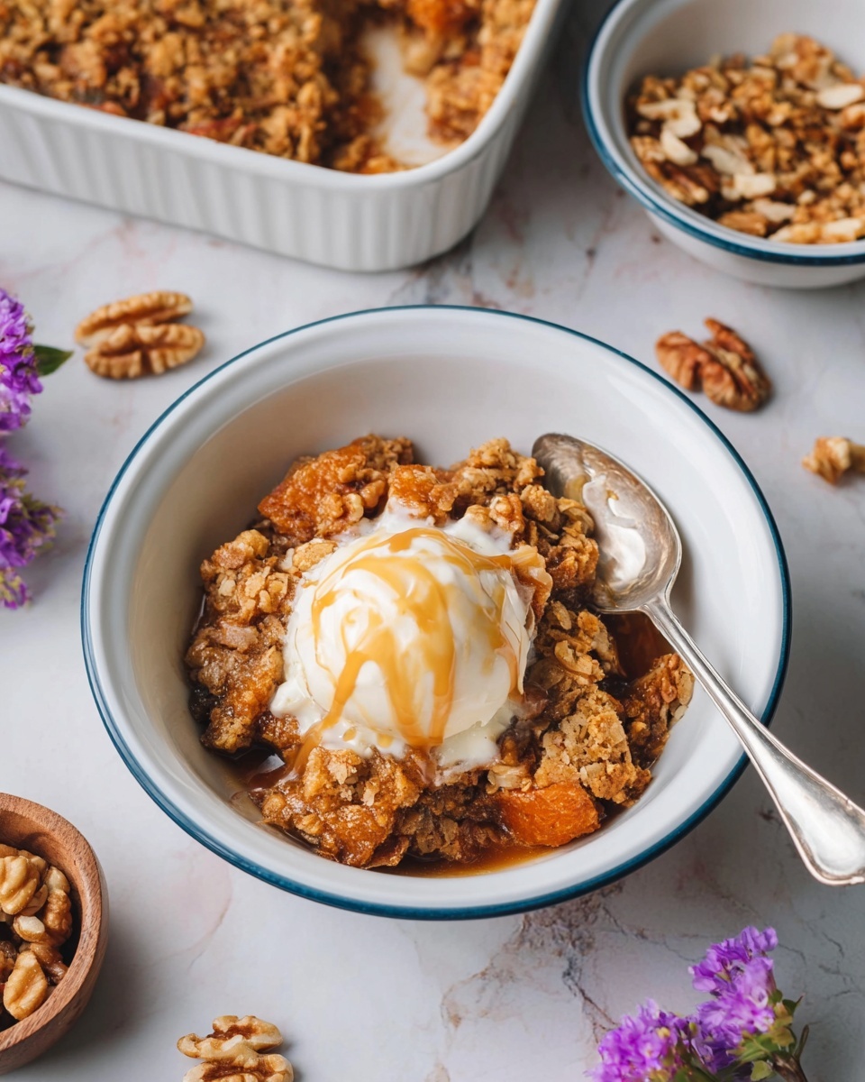 A white bowl with a blue rim holds a serving of warm dessert made of crumbled, moist carrot cake pieces mixed with syrup and walnut bits. On top is a round scoop of vanilla ice cream with caramel sauce drizzled over it, melting slightly into the cake. A silver spoon is placed inside the bowl on the right side. The background is a white marbled surface with scattered walnuts, purple flowers, a small bowl filled with walnut halves, and a partially visible white baking dish with more of the same dessert. photo taken with an iphone --ar 4:5 --v 7