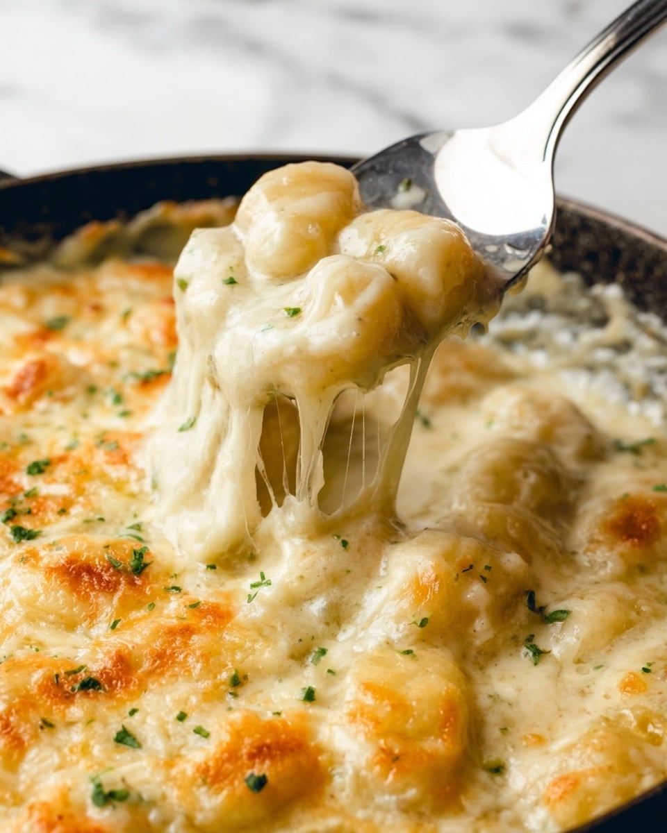 The image shows a close-up of a creamy, baked gnocchi dish in a dark skillet, with melted cheese stretching as a metal spatula lifts a spoonful. The top layer is golden and bubbly, with small pieces of chopped herbs sprinkled over the creamy white sauce. The gnocchi pieces are soft and plump, covered in smooth cheese sauce that looks thick and rich. The background features a white marbled surface. photo taken with an iphone --ar 4:5 --v 7